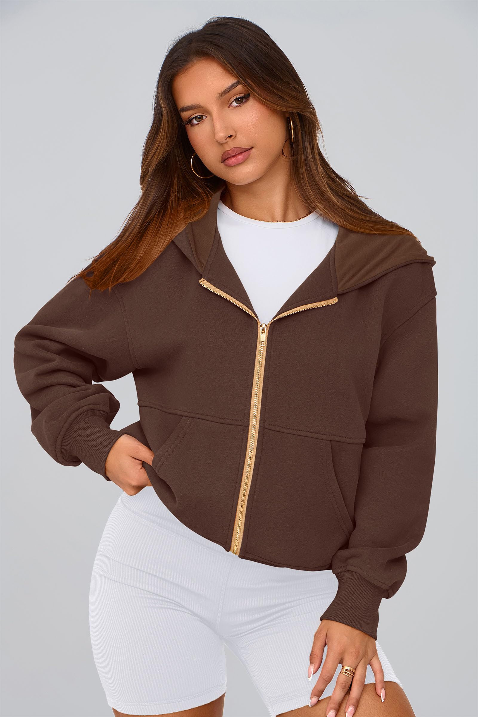 Hoodies for Women Fall Fashion Zip Up Fleece Plain Sweatshirt