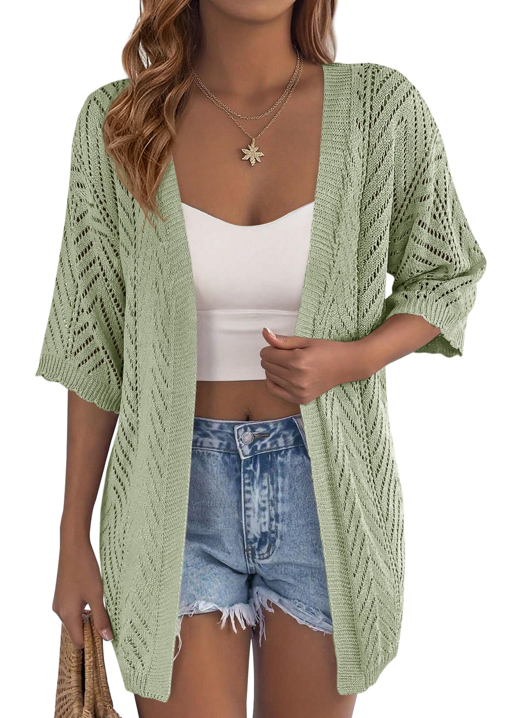 Women Lightweight Summer Short Sleeve Cardigan, Green,S
