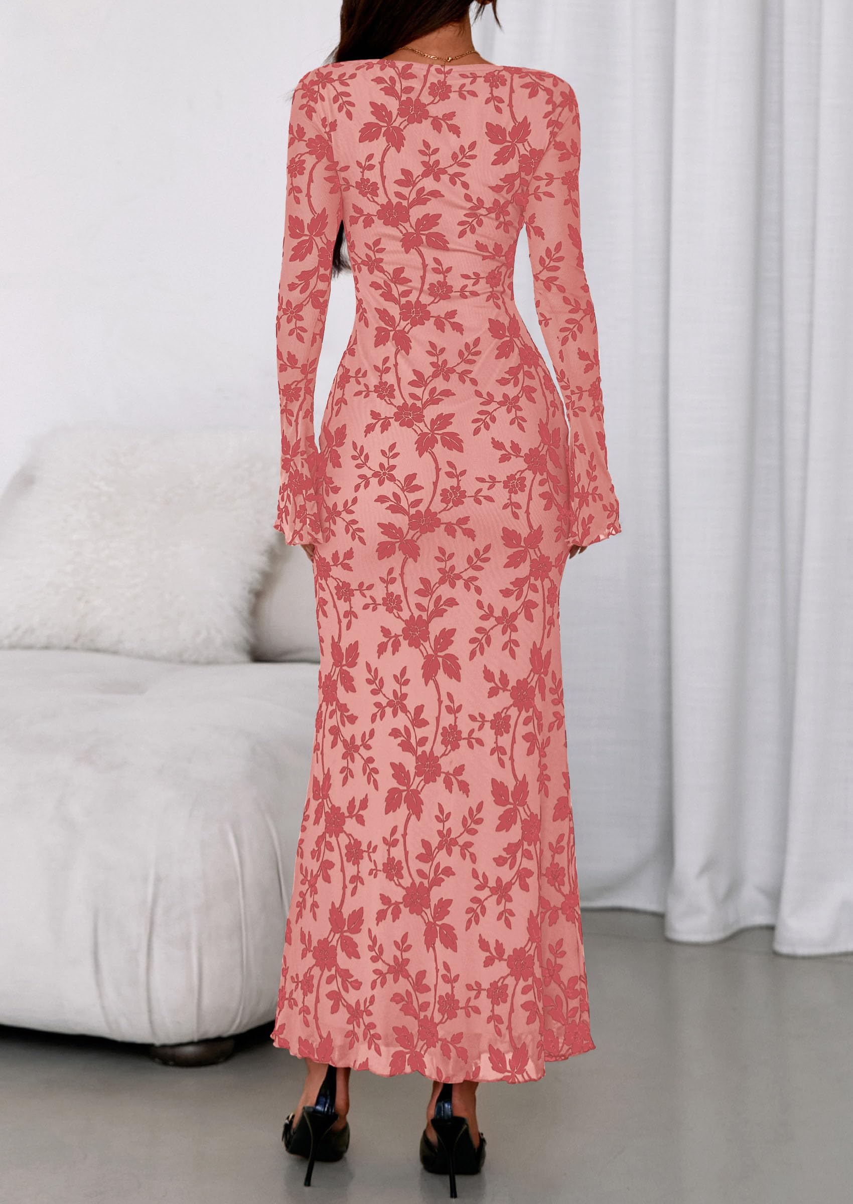 Women's Floral Bodycon Maxi Dress Wedding Guest Dresses Pink