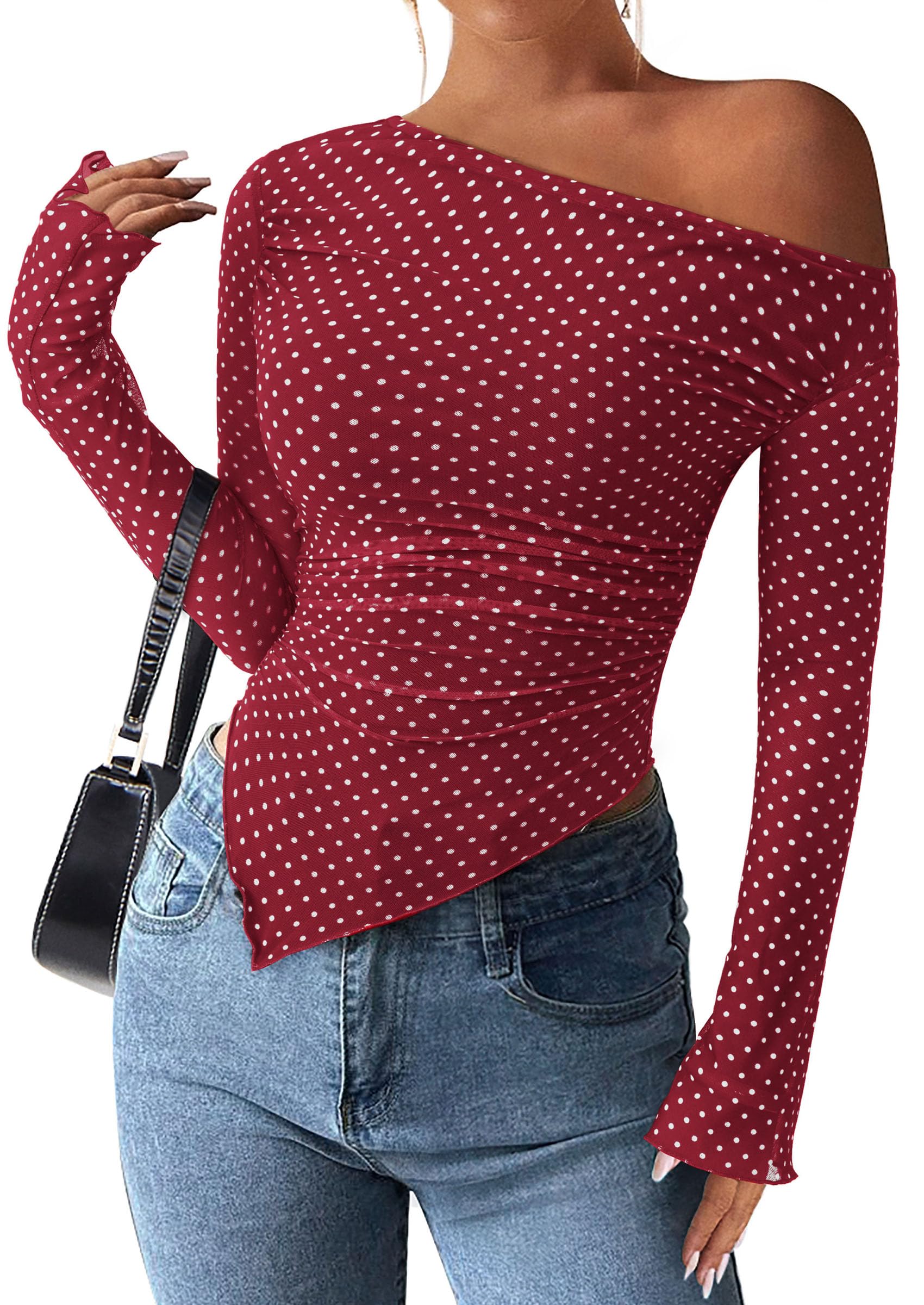 Womens Off Shoulder Mesh Y2k Tops,Small Dot Red White,XS