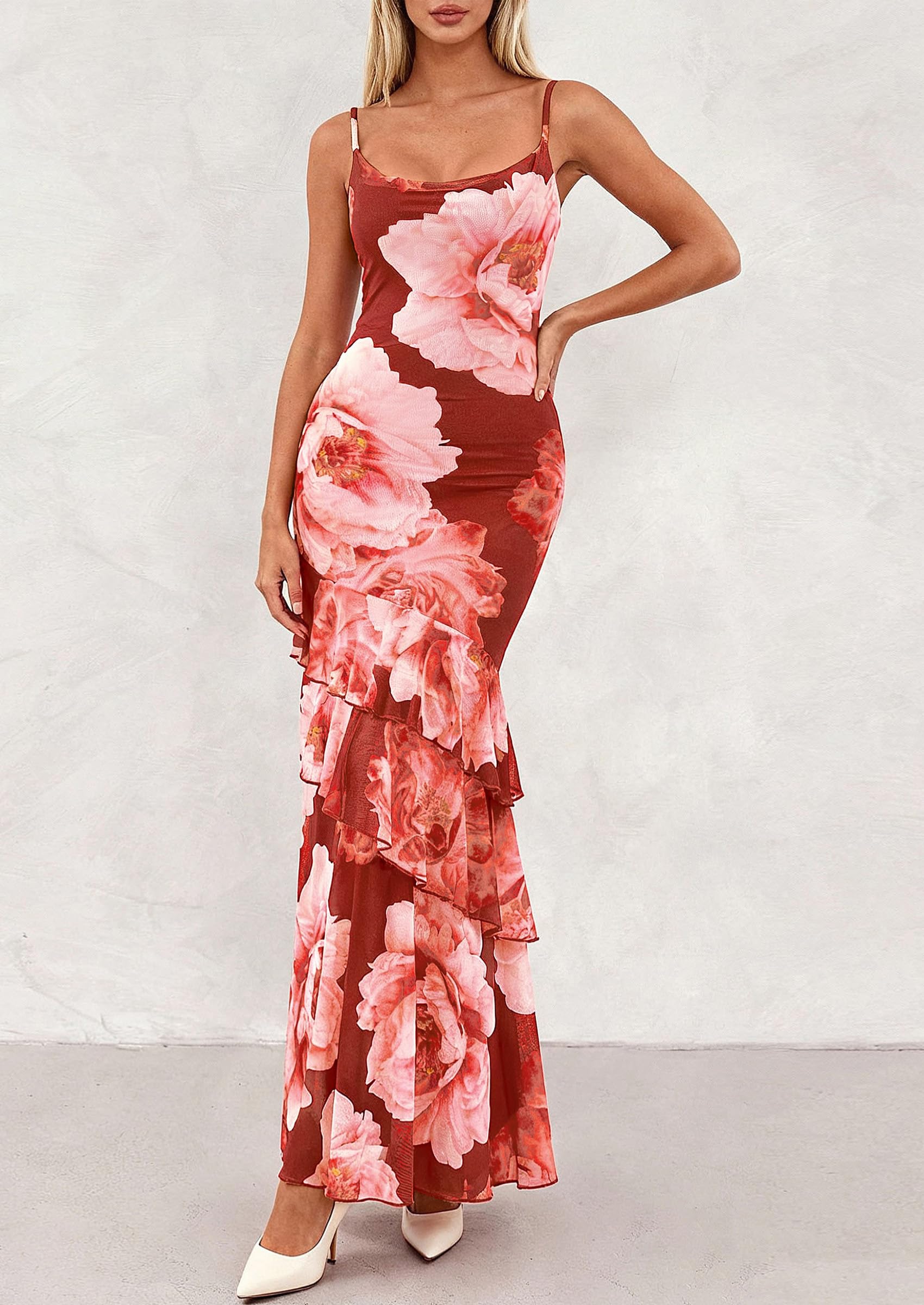 Women's Boho Floral Tiered Maxi Dress, Wine Red Big Floral,XS