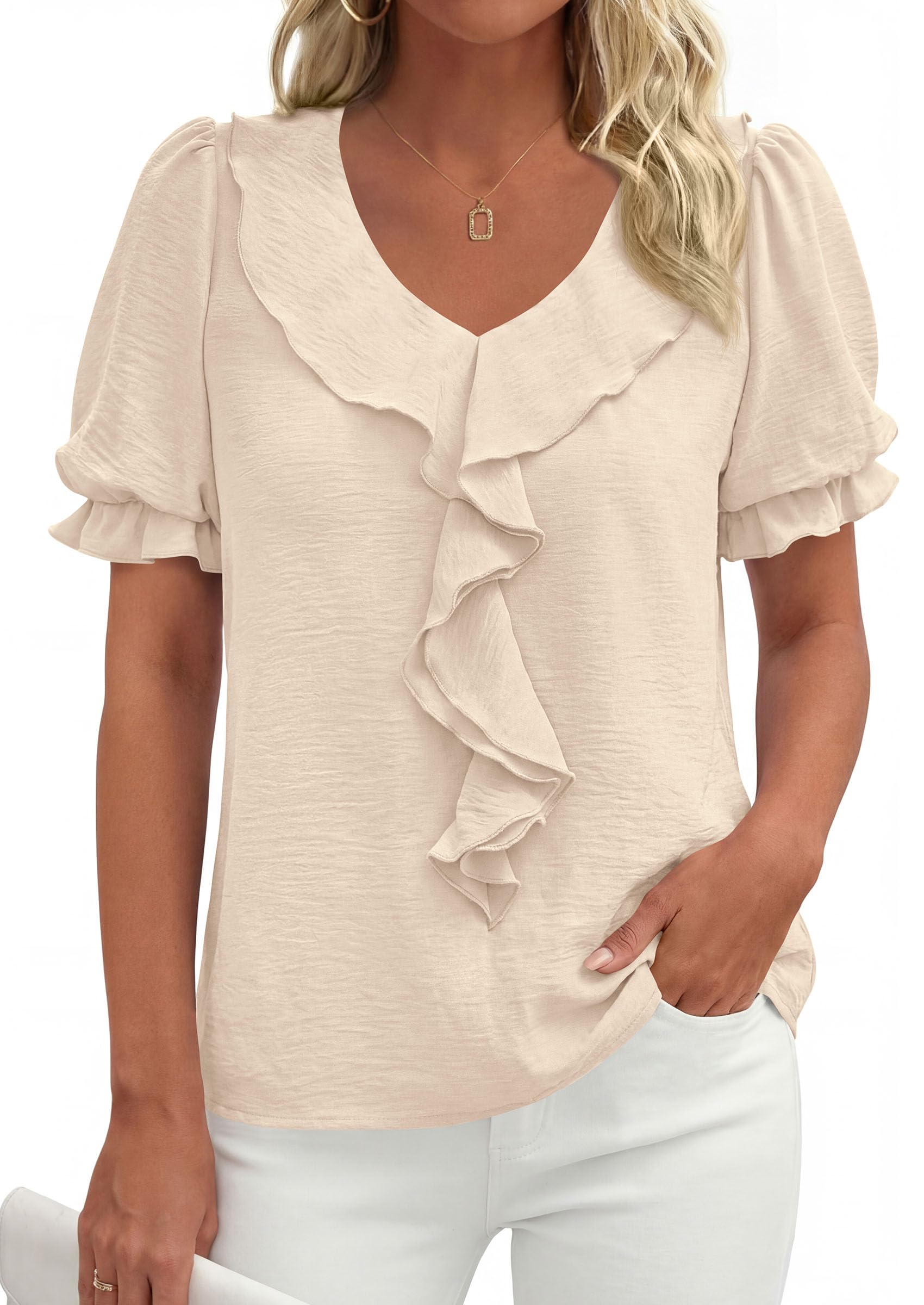 Women's Summer Ruffle Dressy Casual Blouses (Beige,S)