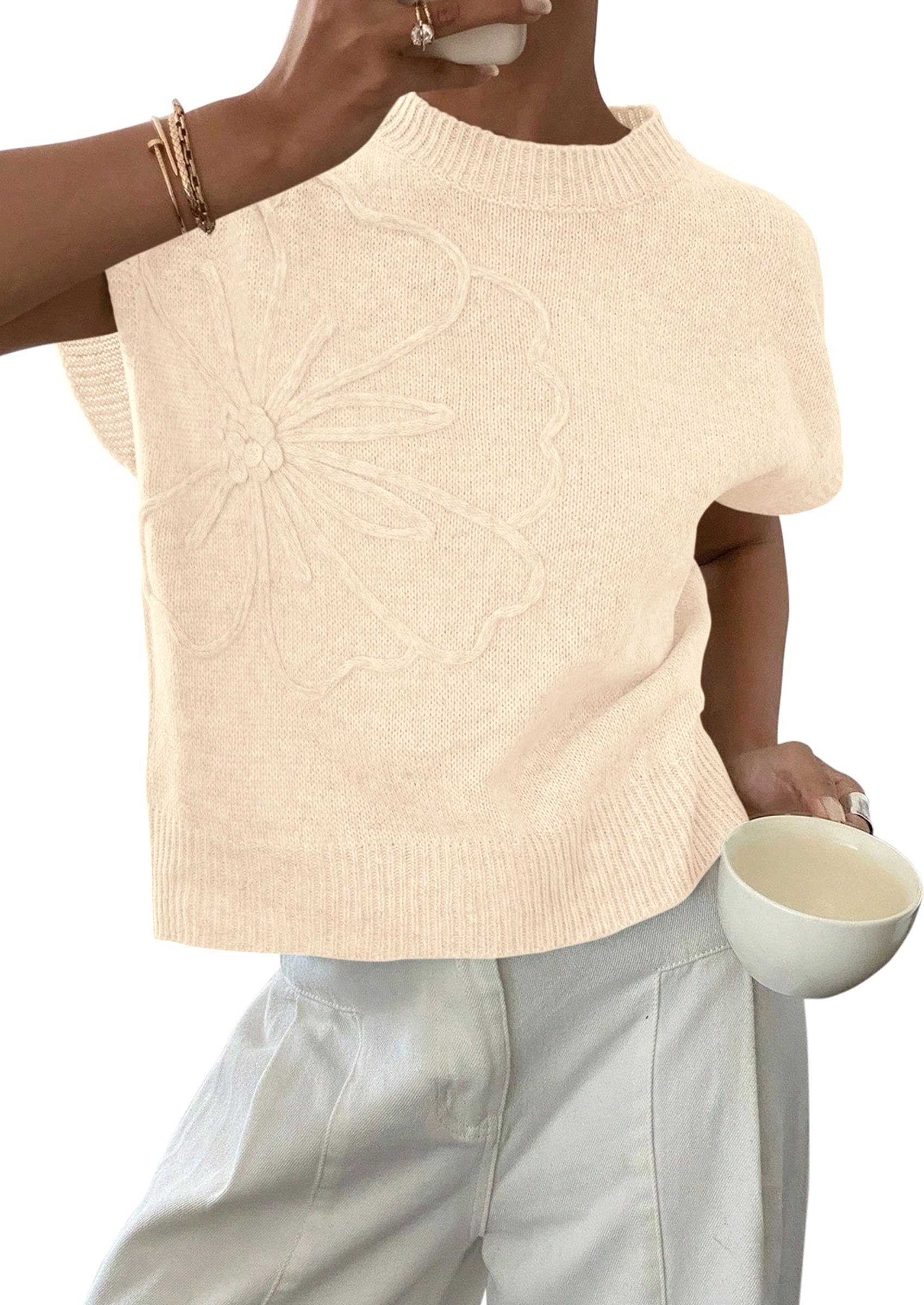 Women's Summer Short Cap Sleeve Sweater Vest (Beige,M)