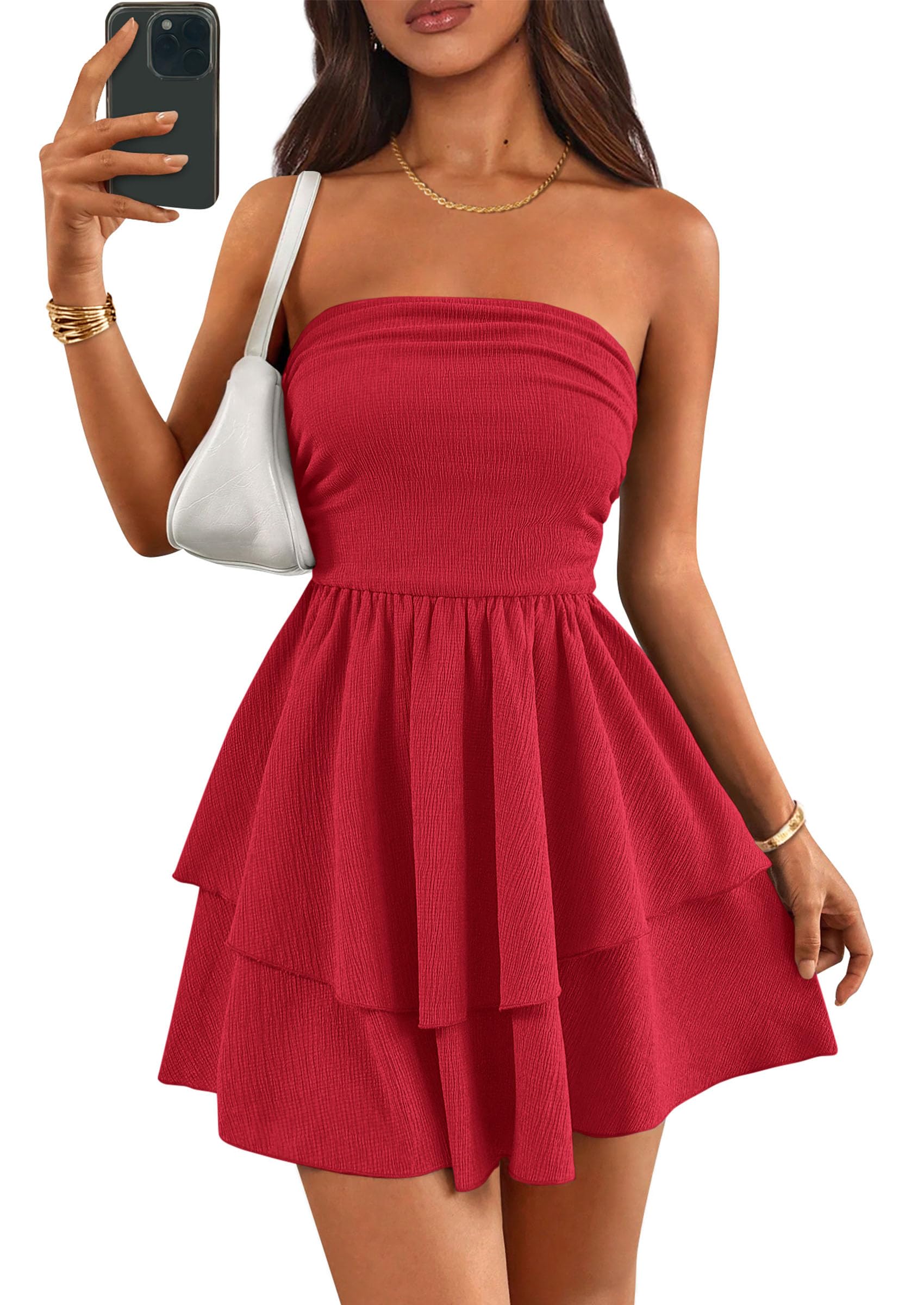 Women's Summer Strapless Flowy Mini Dresses (Red,S)