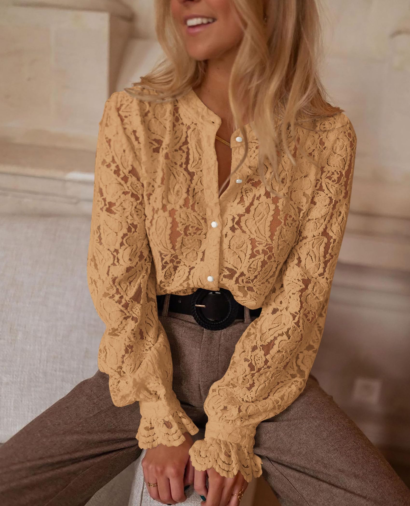 Women's Fall Trendy Long Sleeve Lace Tops(Khaki,Small)