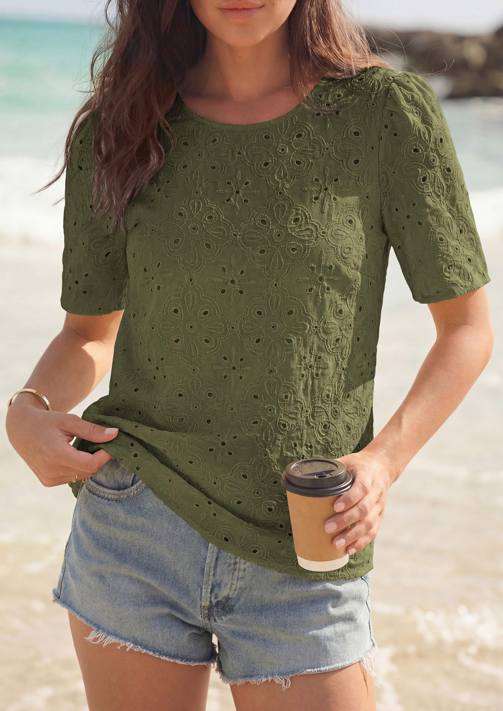 Women's Embroidered Eyelet Short Sleeve Blouse, Army Green,XS