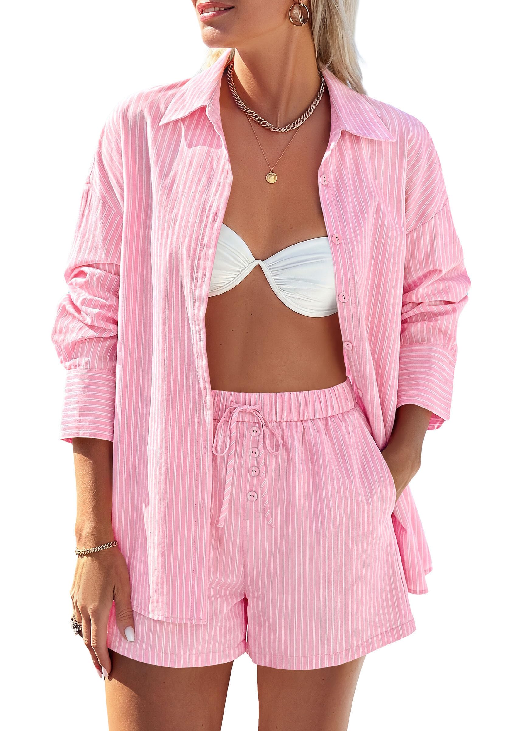 Women's Summer 2 Piece Outfits Lounge Sets Striped Pink White