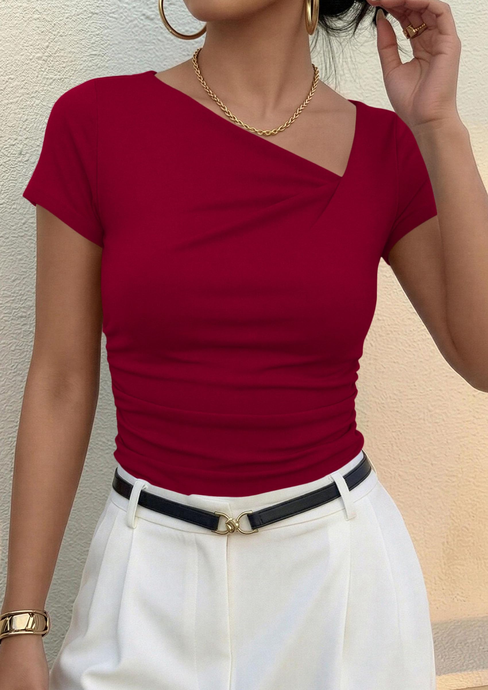 Women's Summer Trendy Asymmetrical Y2K Tops (Red,L)