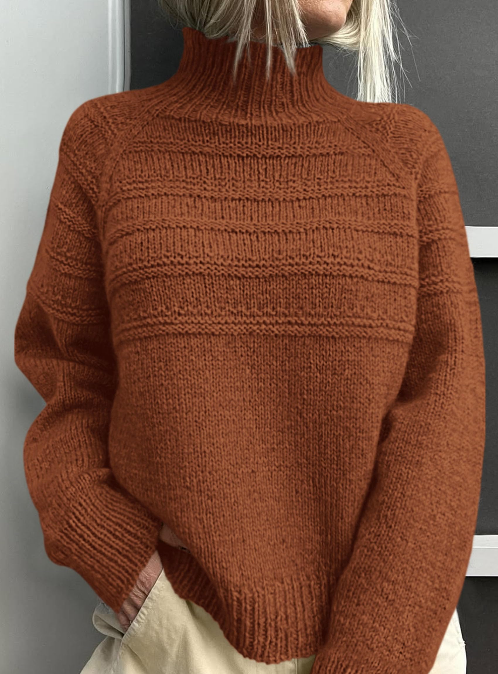 Women's Chunky Knit Mock Neck Pullover Sweaters,Caramel,S