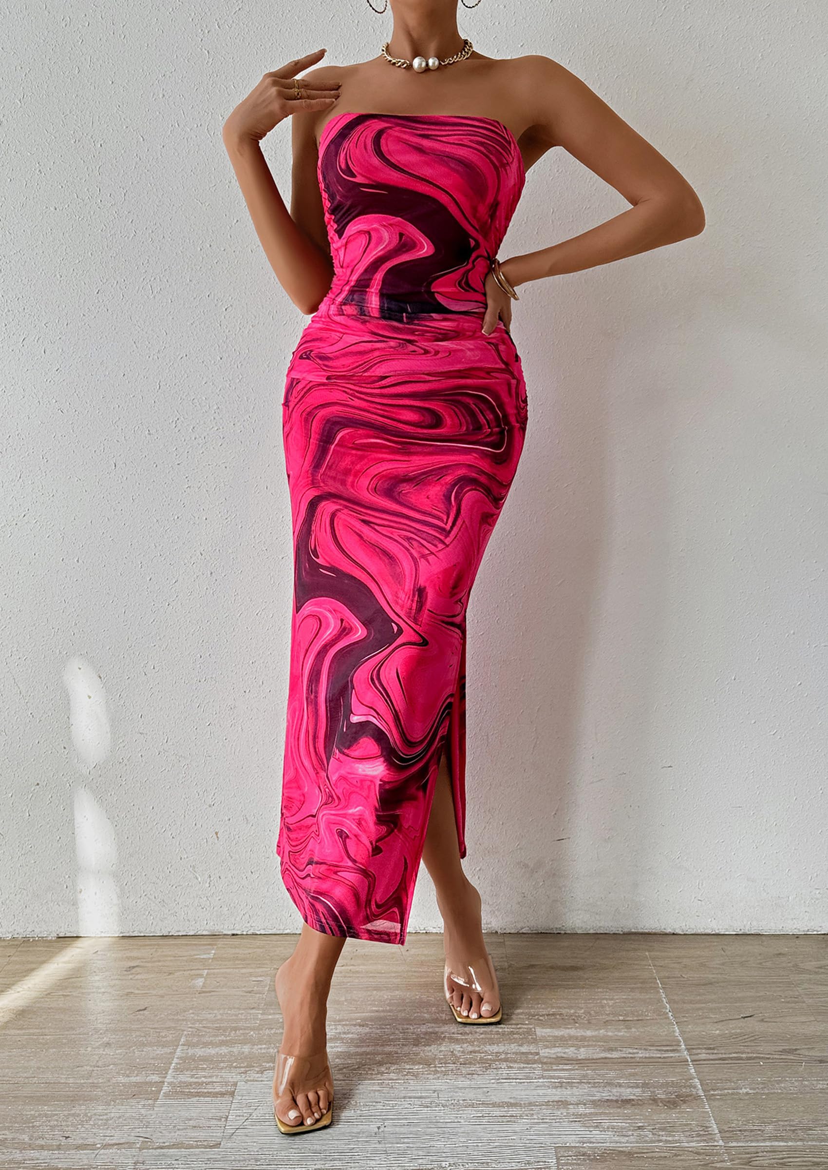 Women's Strapless Bodycon Floral Maxi Dress, Print Rose Red,S