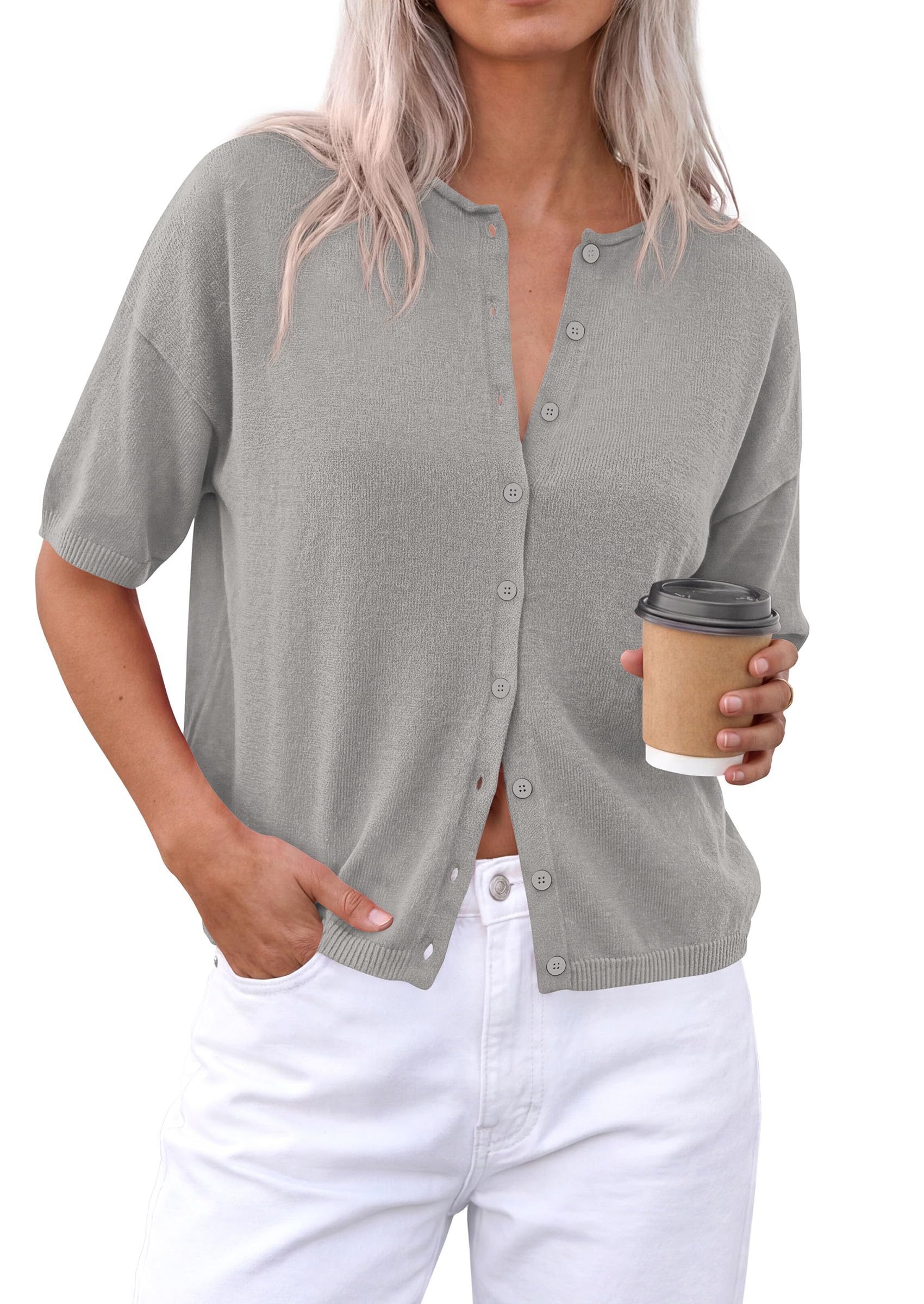 Women's Short Sleeve Cardigan Sweaters (Grey,Small)