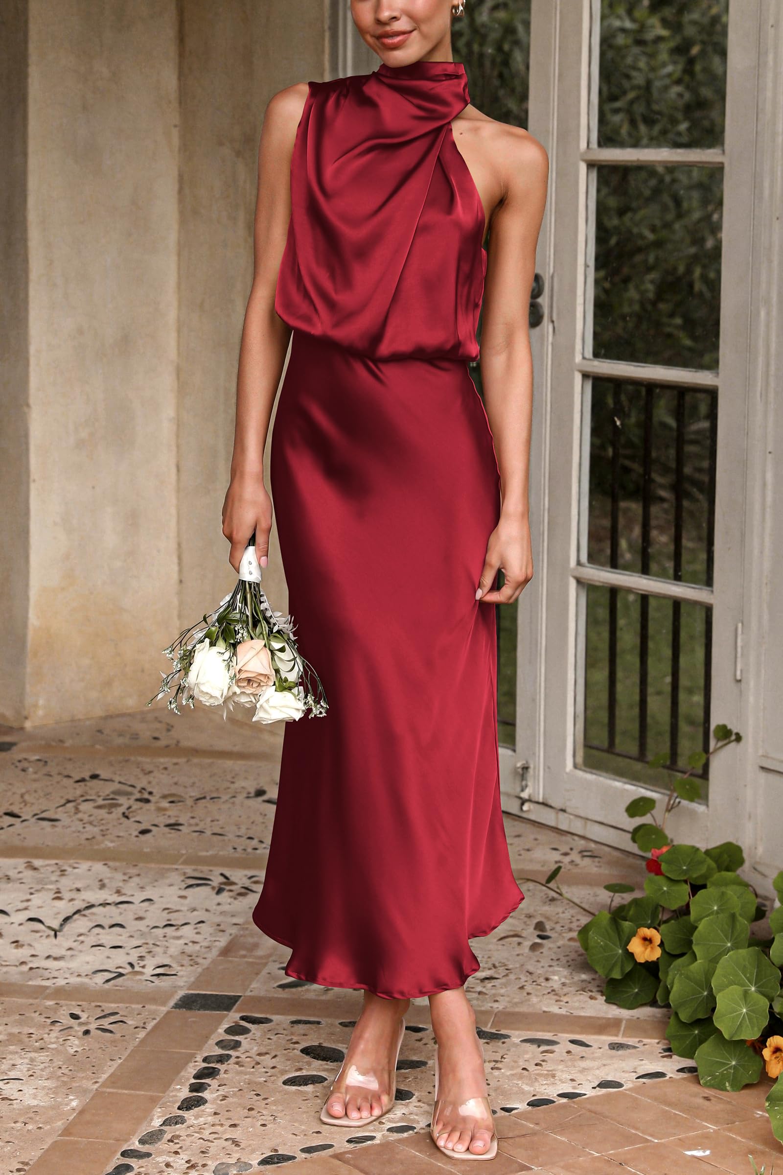 Women's Summer Satin Maxi Cocktail Dress Dark Wine Red