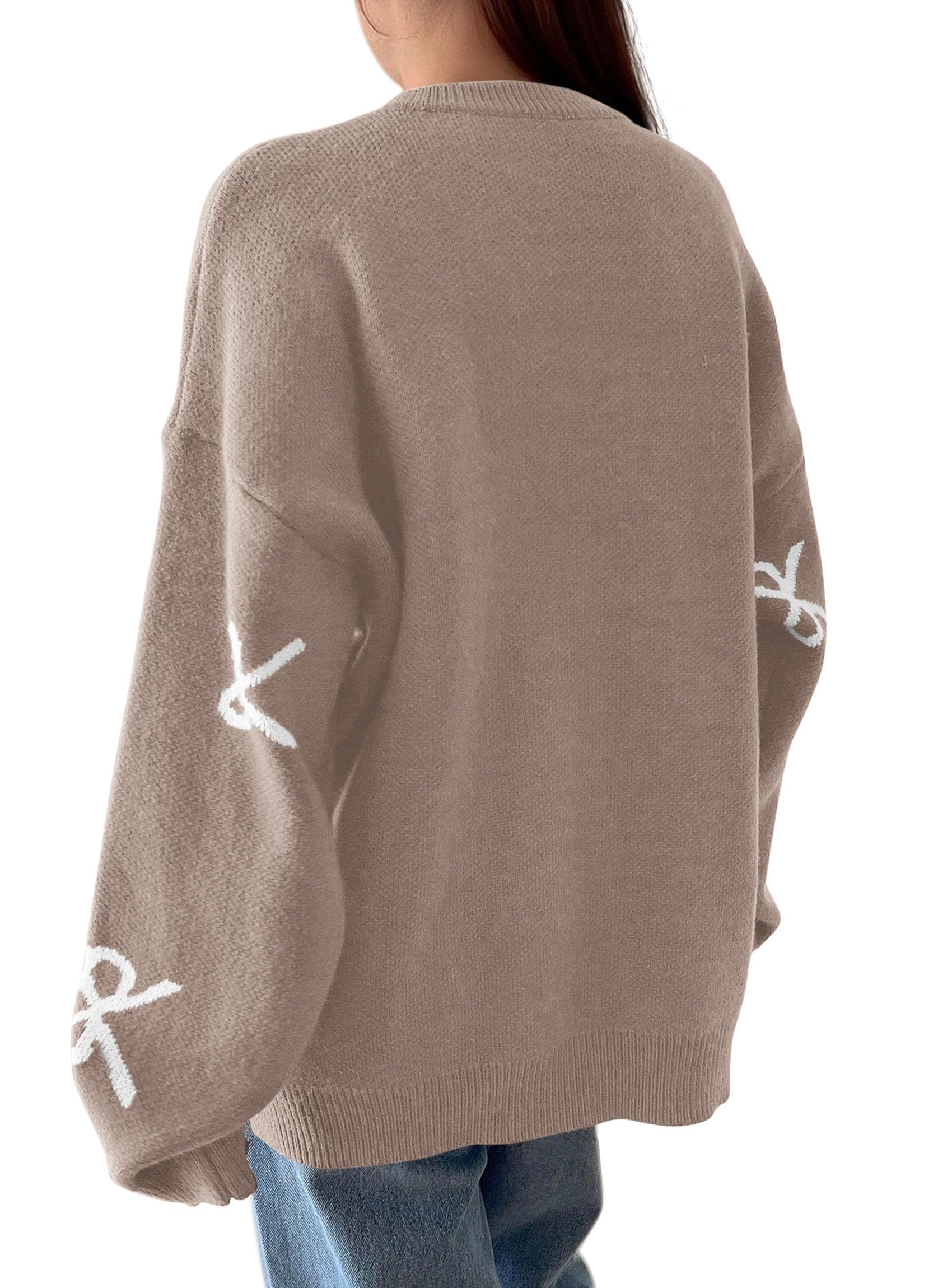 Fall Long Sleeve Pullover Sweaters for Women 2026 Trendy Crewneck Casual Cute Bow Chunky Knit Oversized Sweater (Khaki,Small)