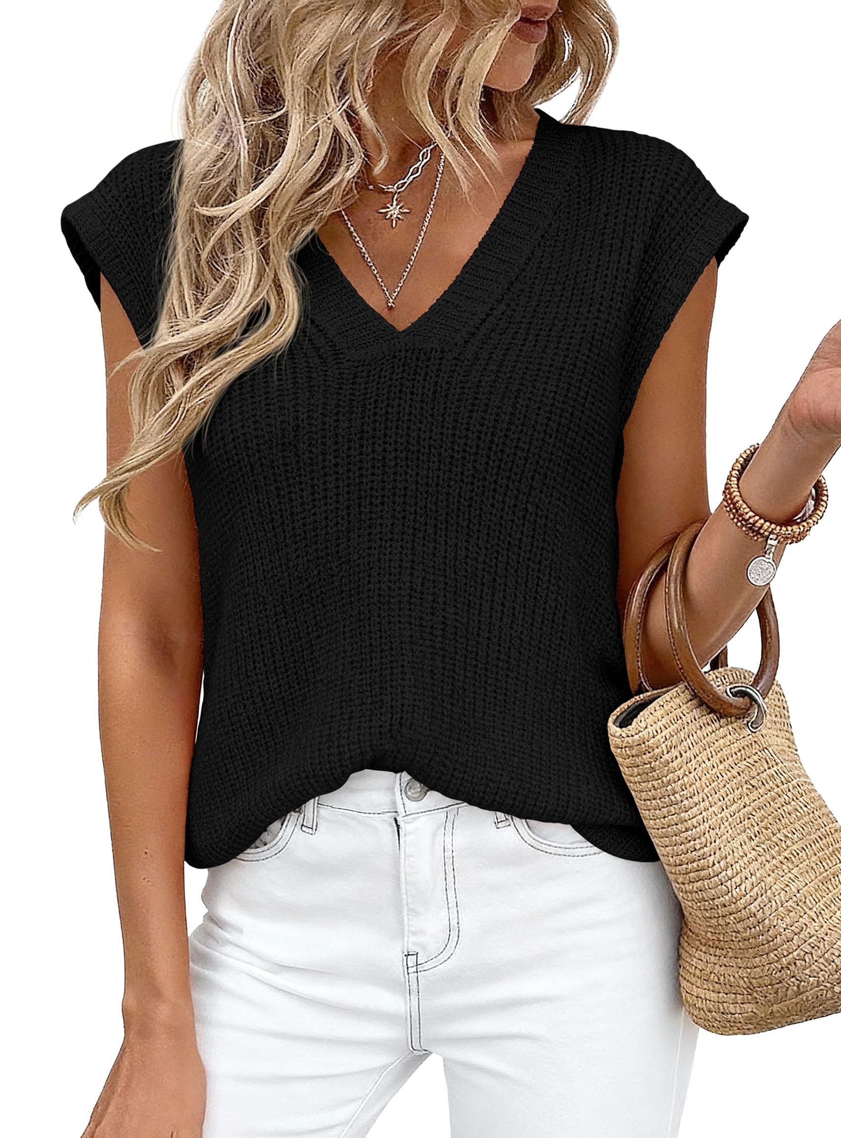 Women's Cap Sleeve Sweaters Vest Summer Tops (Black,S)