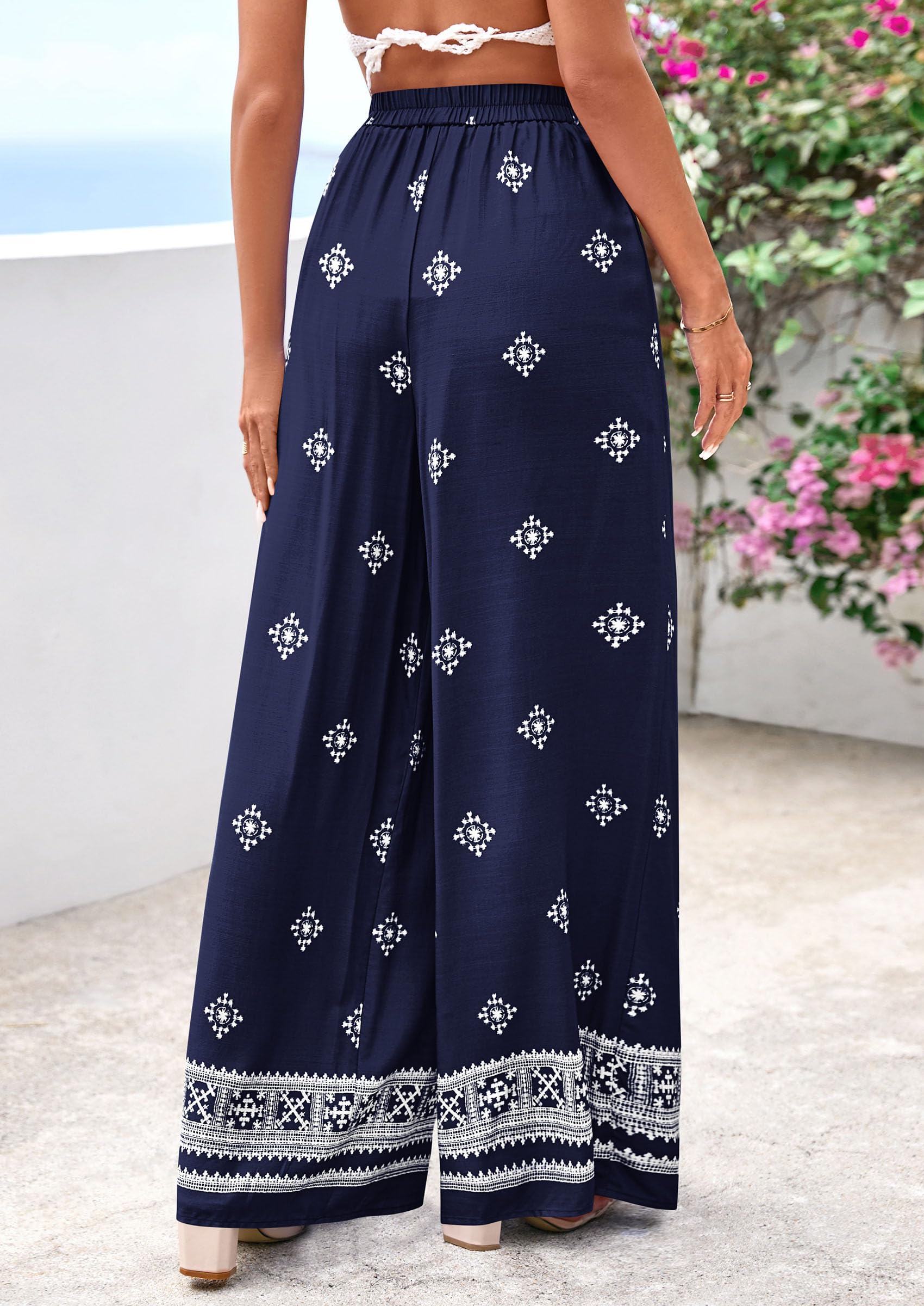 Wide Leg Flowy Boho Pants for Women, Navy Blue,S