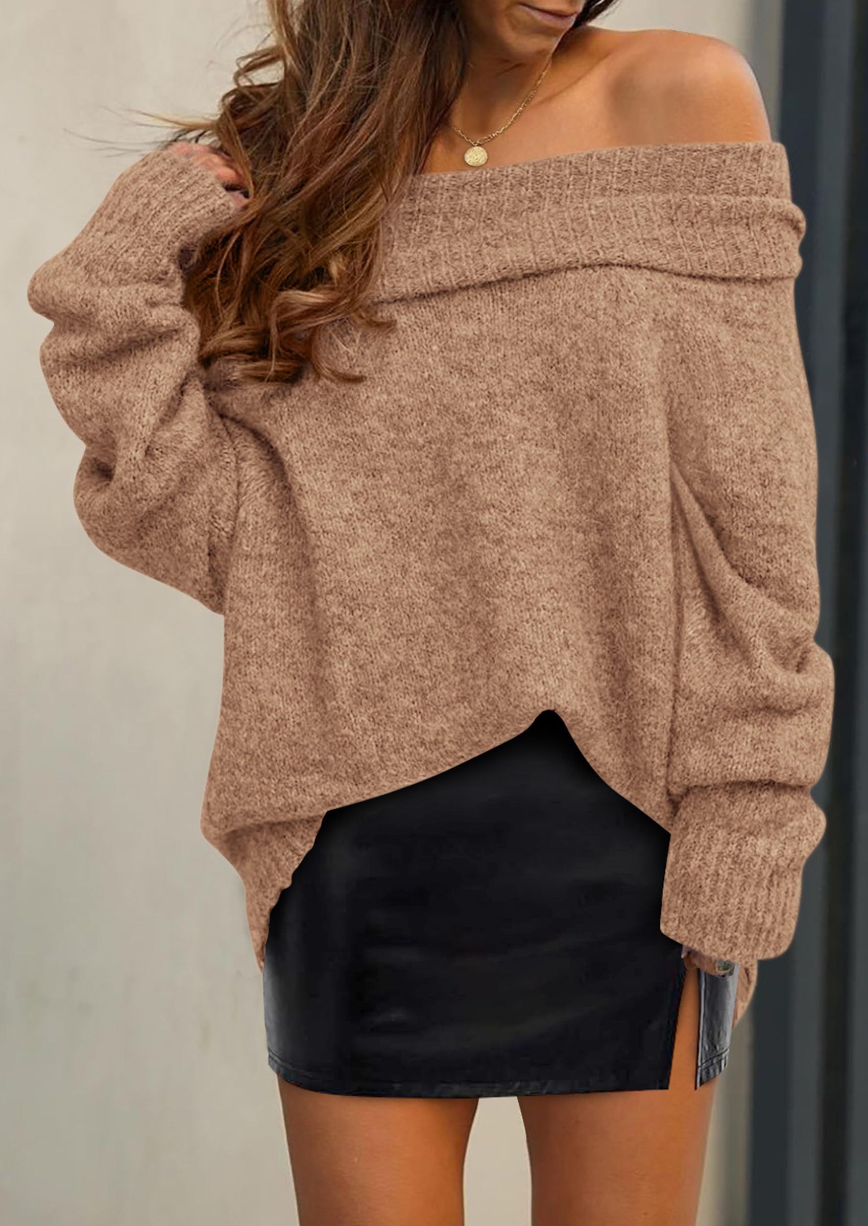 Women's Fall Off The Shoulder Sweater,Camel,S