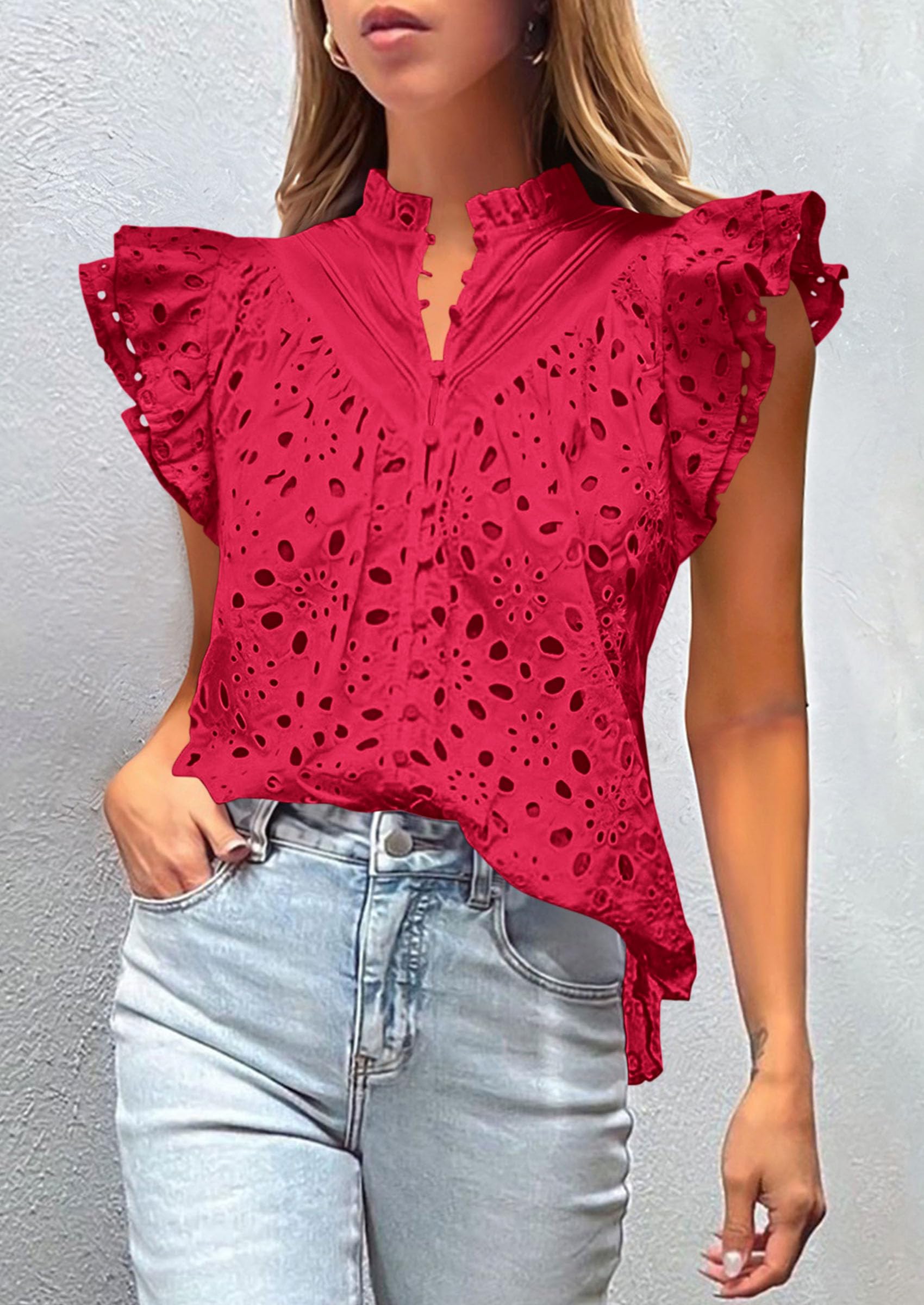 Women's Eyelet V Neck Summer Tops Dressy Casual Red,S