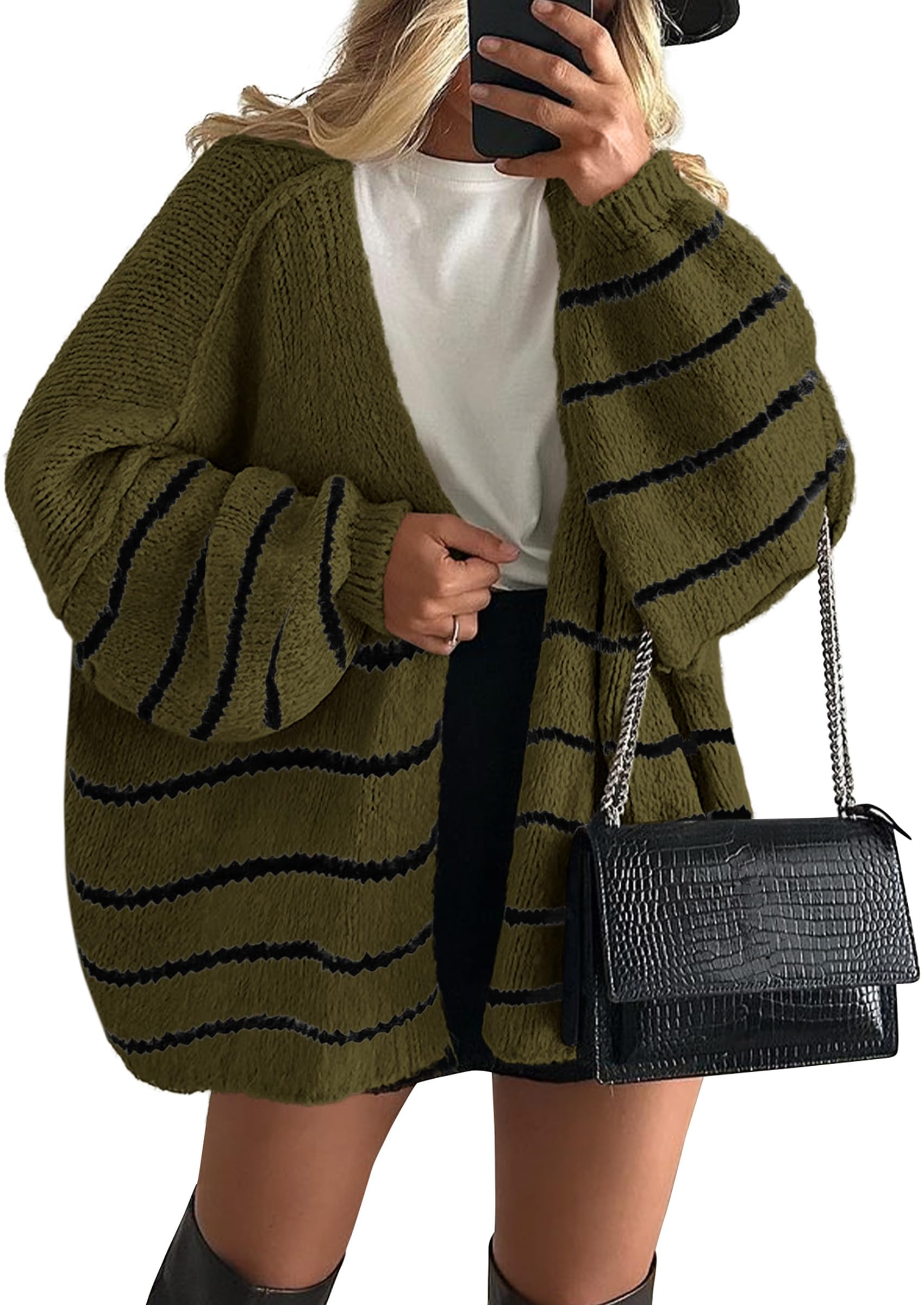 Womens Oversized Cardigan Sweaters 2026 Fall Long Lantern Sleeve Knit Open Front Lightweight Sweater (Striped Army Green,Small)