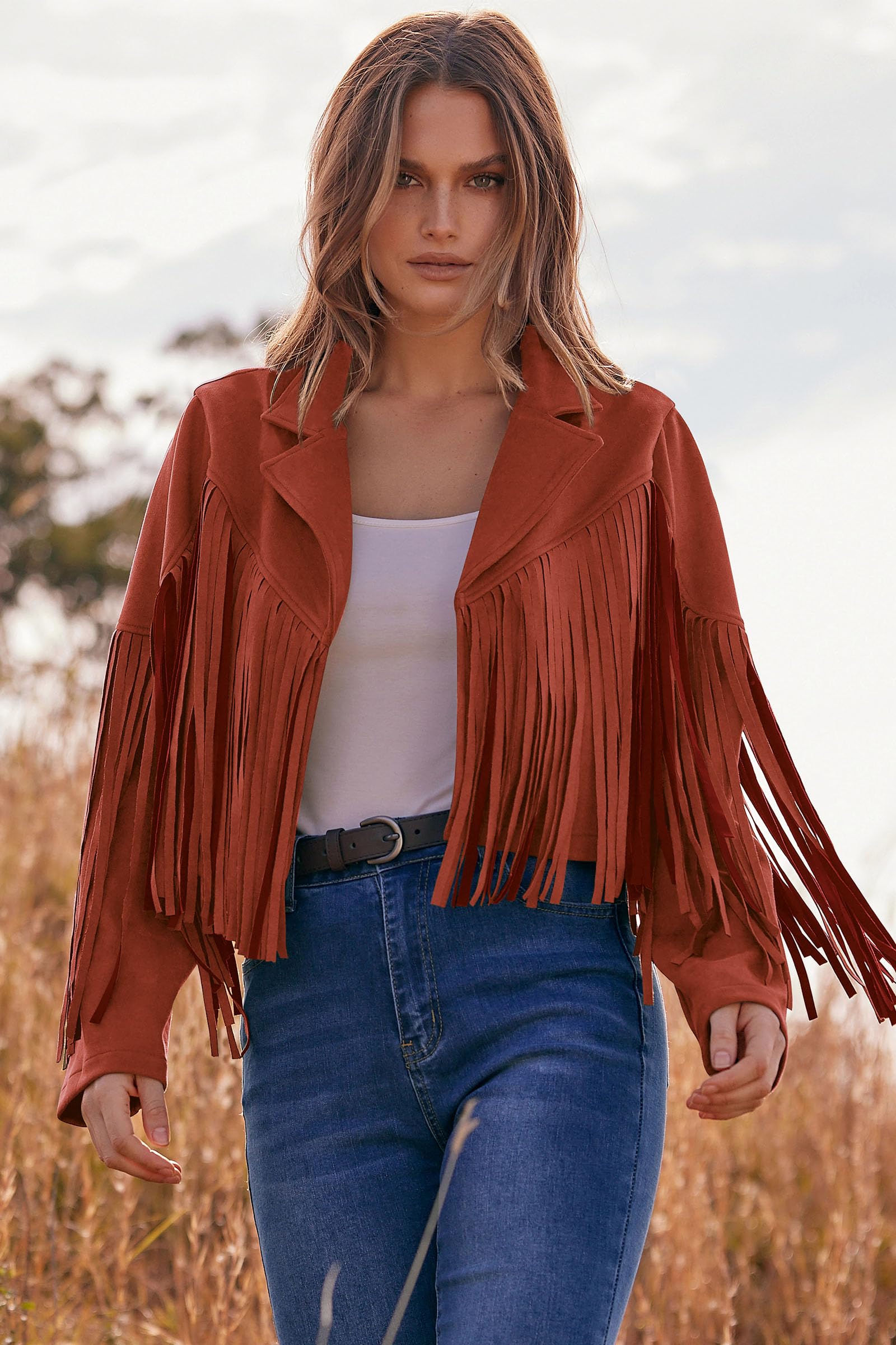 Women's Fringe Faux Suede Leather Jackets,Brick Red,S