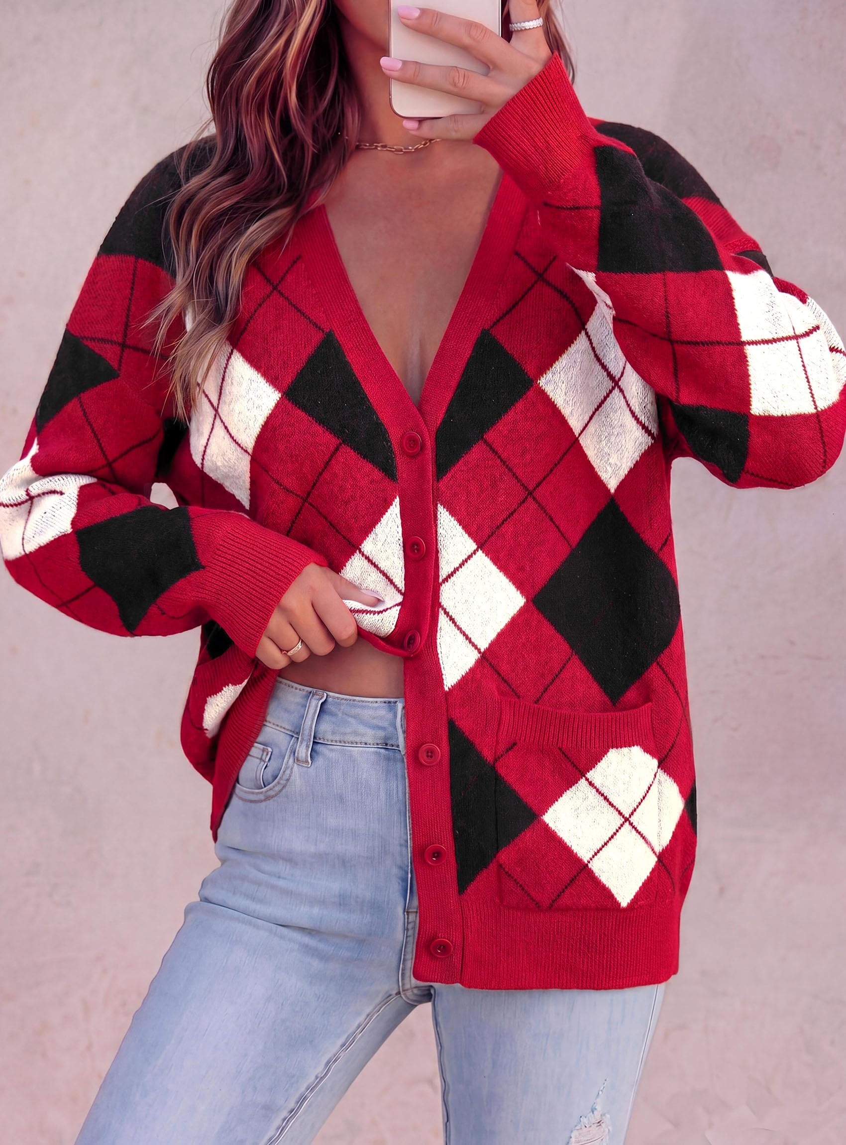 Women's Cardigan Argyle Winter Sweaters (Plaid Red,S)