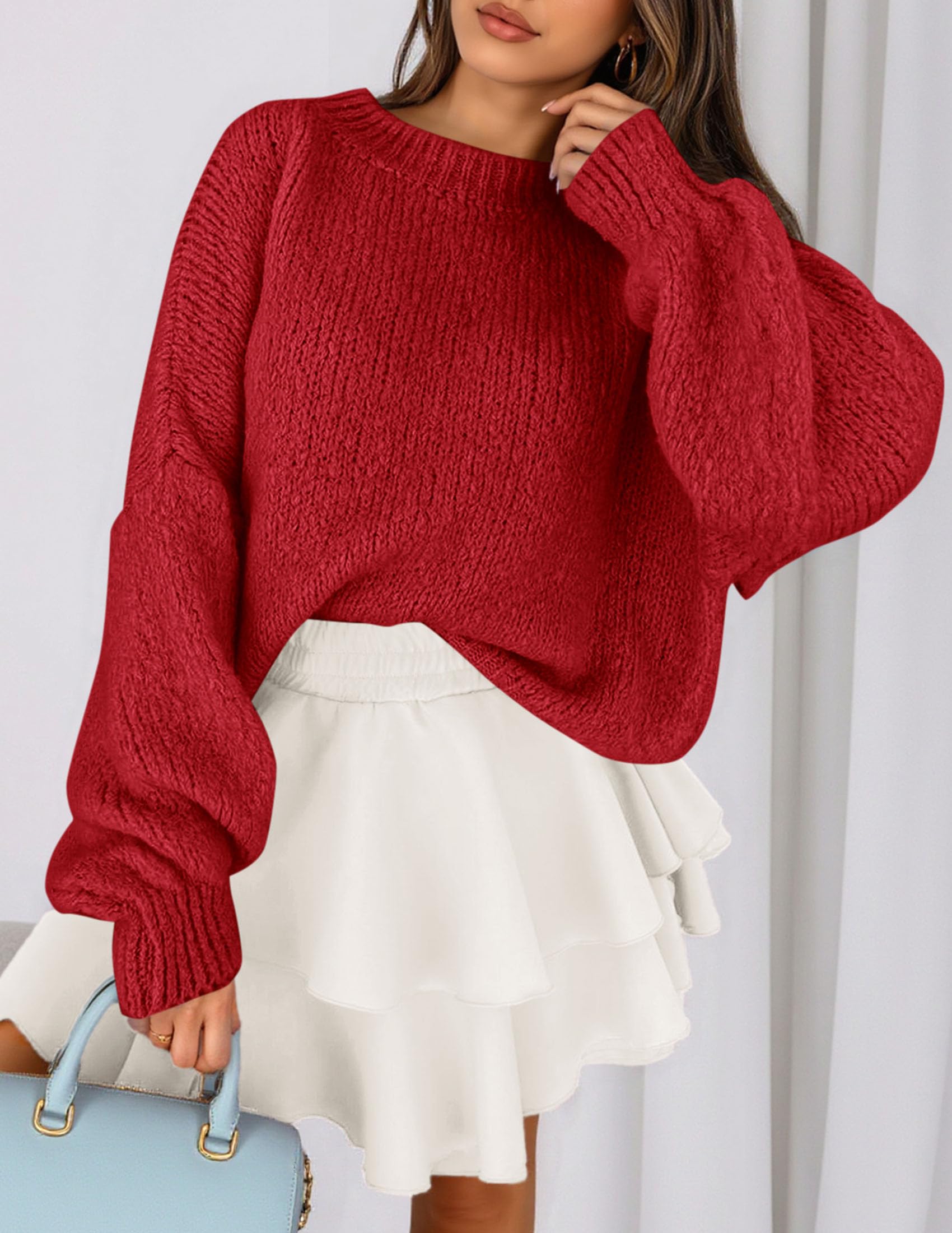 Women's Chunky Knit Oversized Pullover Sweaters,Red,S