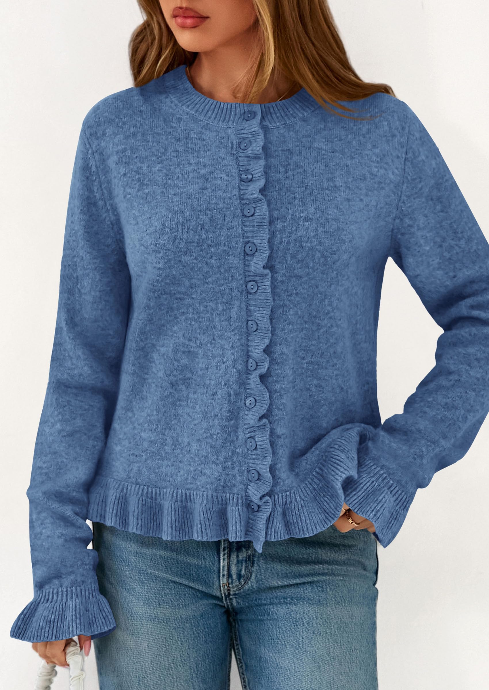 Womens Ruffle Button Down Cardigan Sweaters,Grey Blue,S