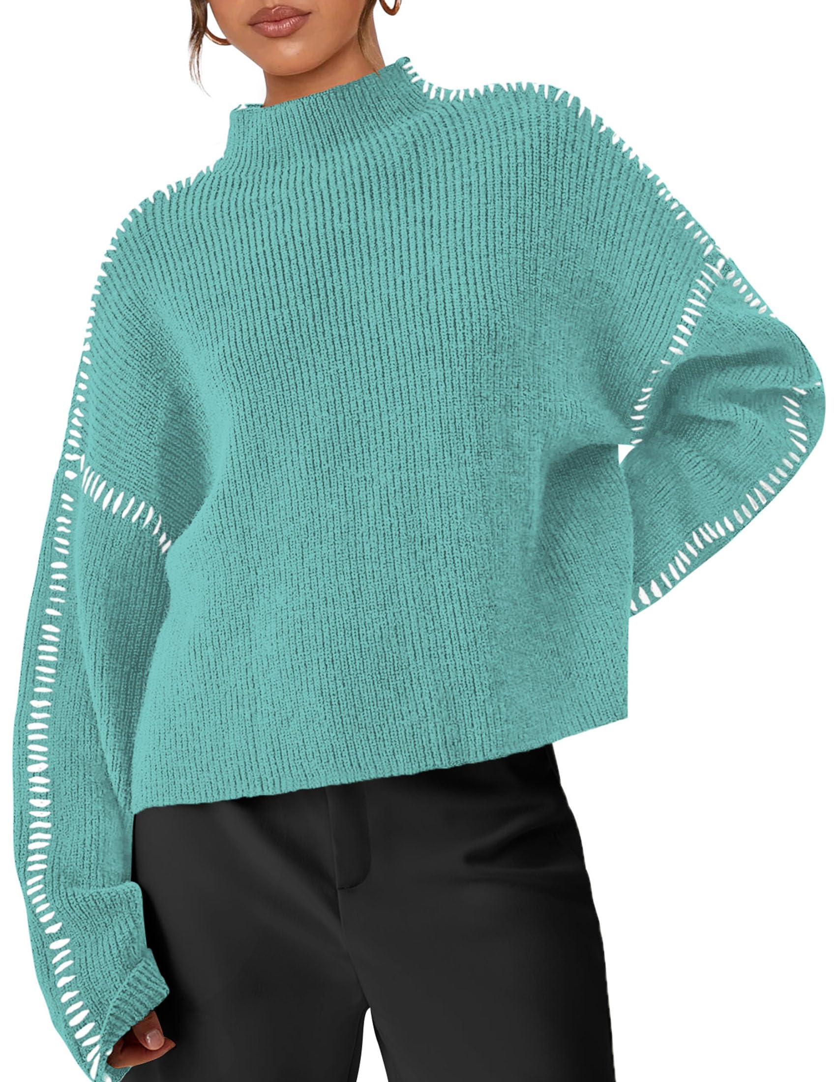 Womens Chunky Knit Oversized Pullover Sweaters,Aqua Blue,S
