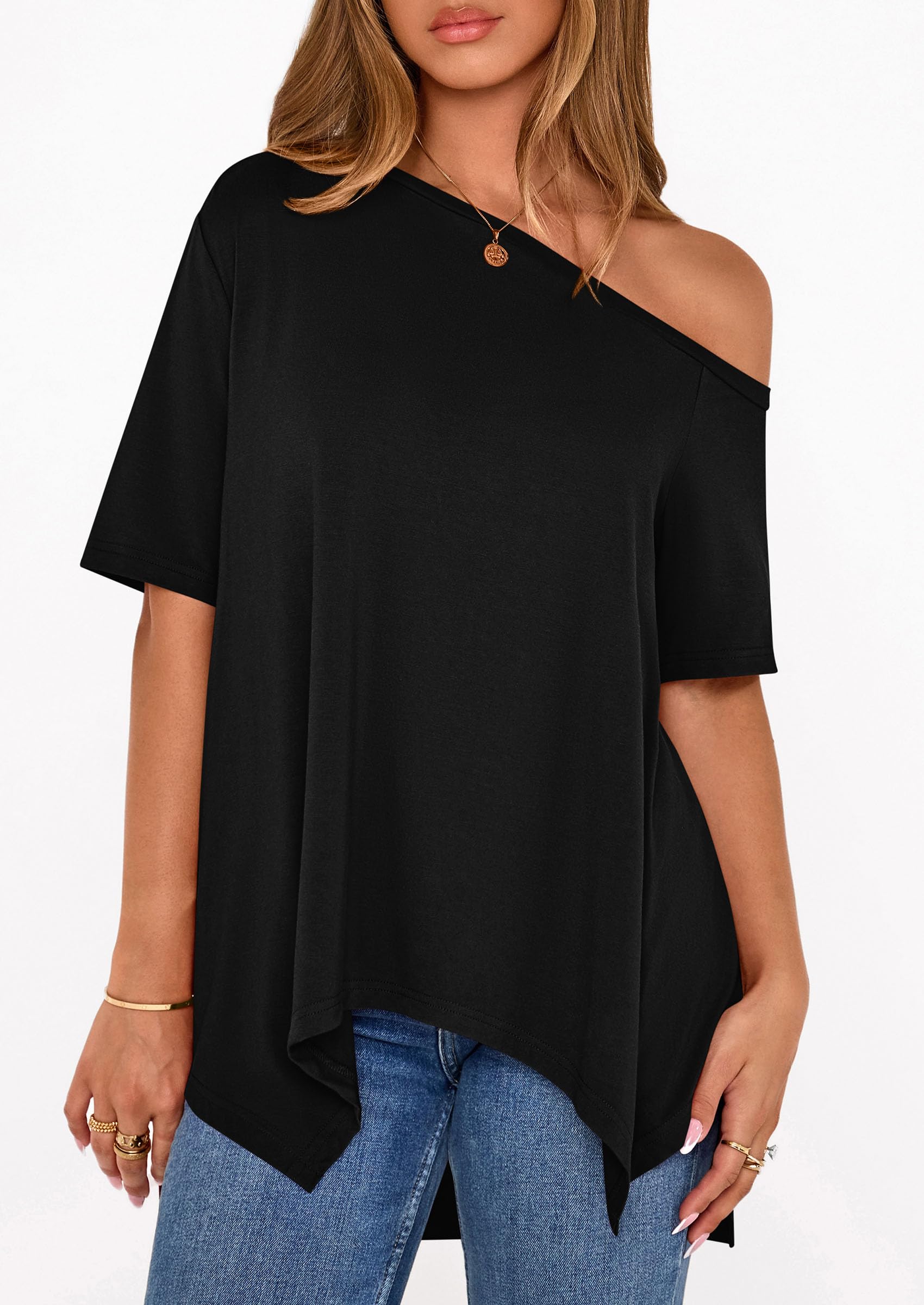 Off Shoulder Tops for Women Oversized Tshirts, Black,S