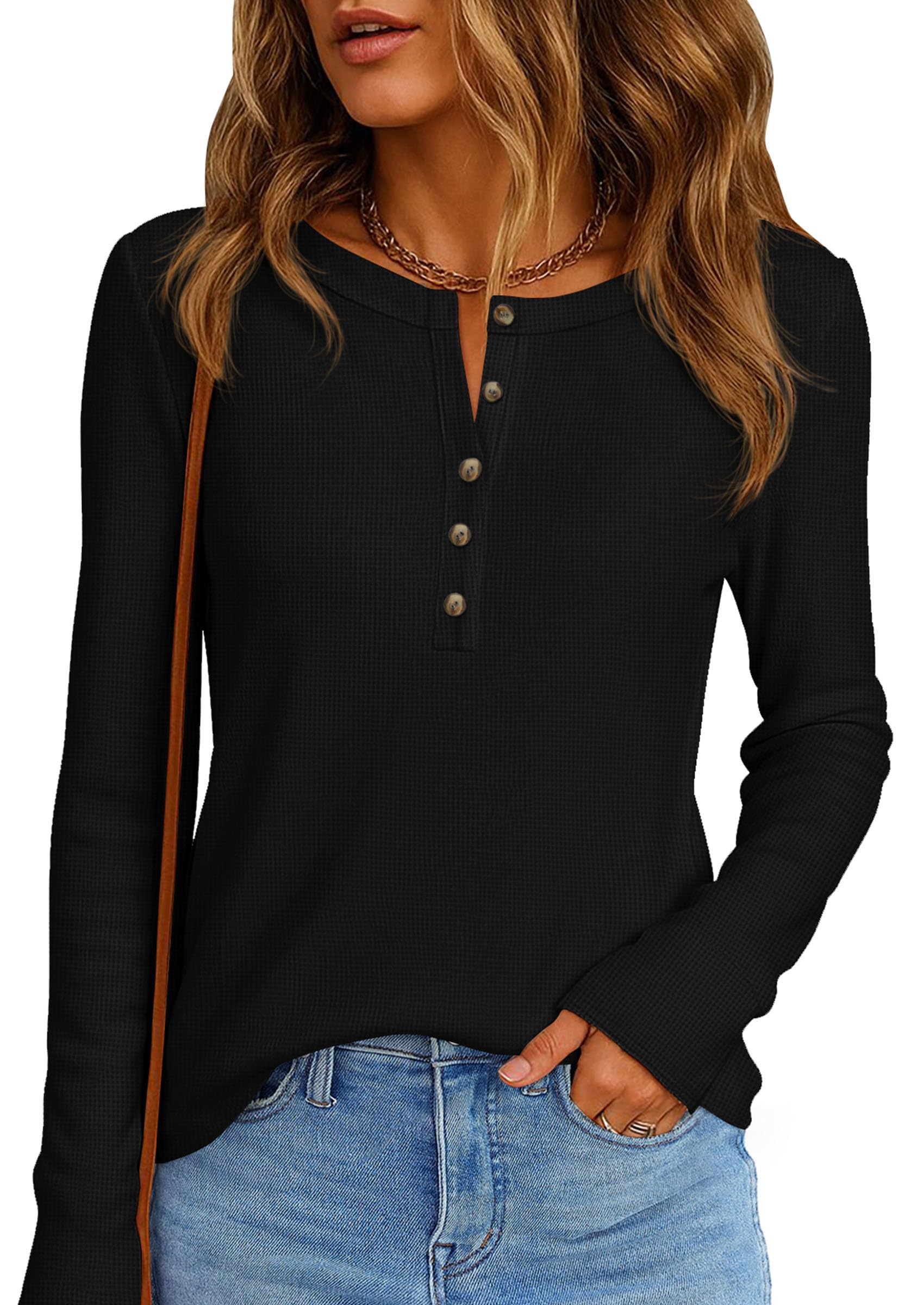 Women's Long Sleeve Waffle Knit Henley Shirts Loose Tunic Tops