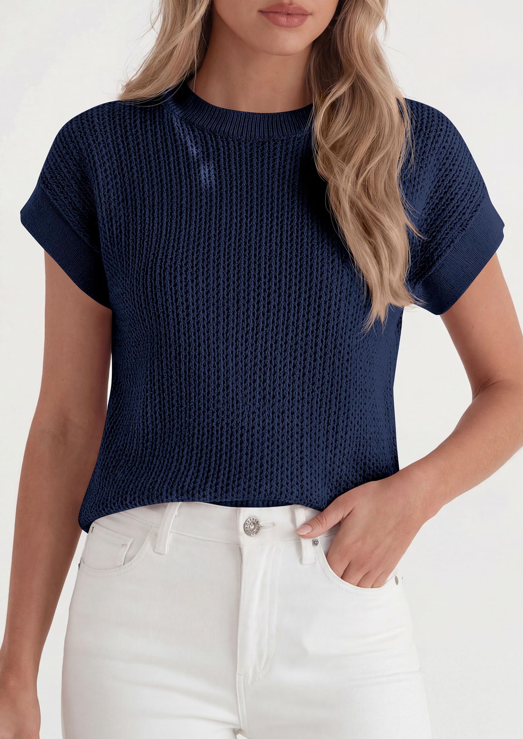 Women's Summer Sweater Vest Crochet Tops (Navy Blue,S)