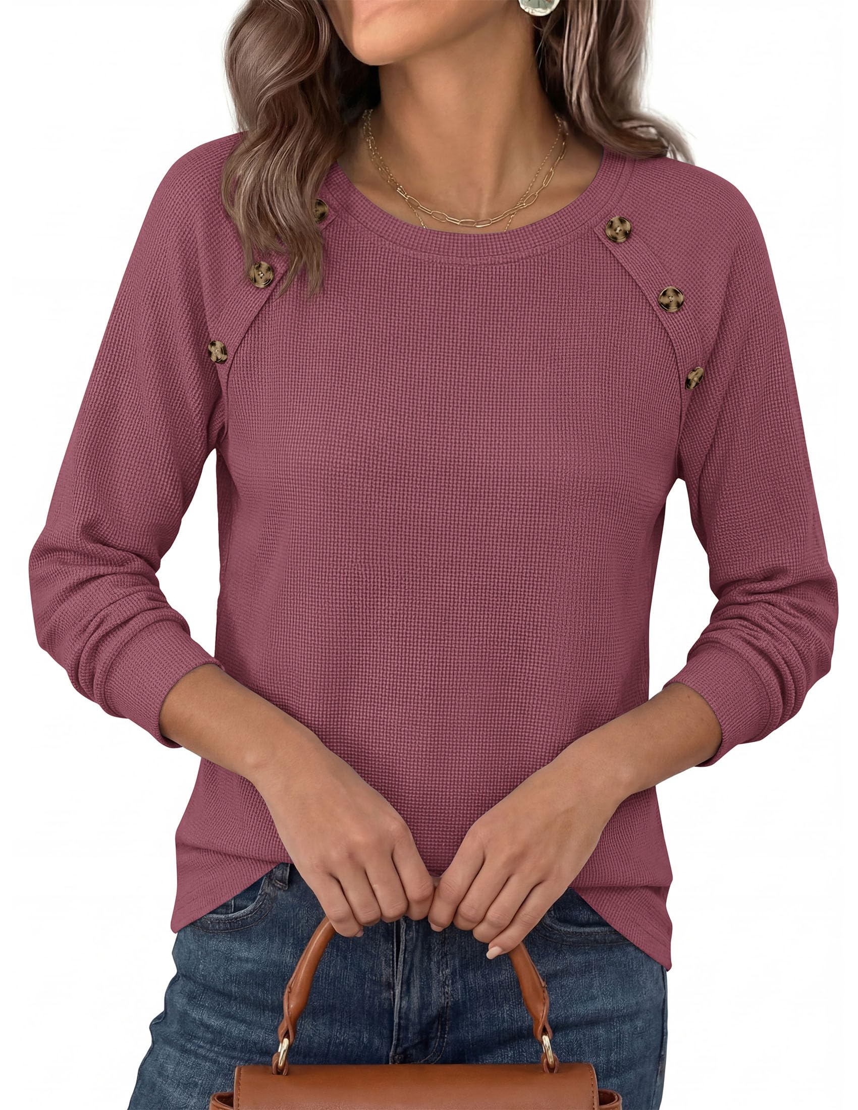 Fall Long Sleeve Waffle Knit Shirts for Women Loose Tunic Tops
