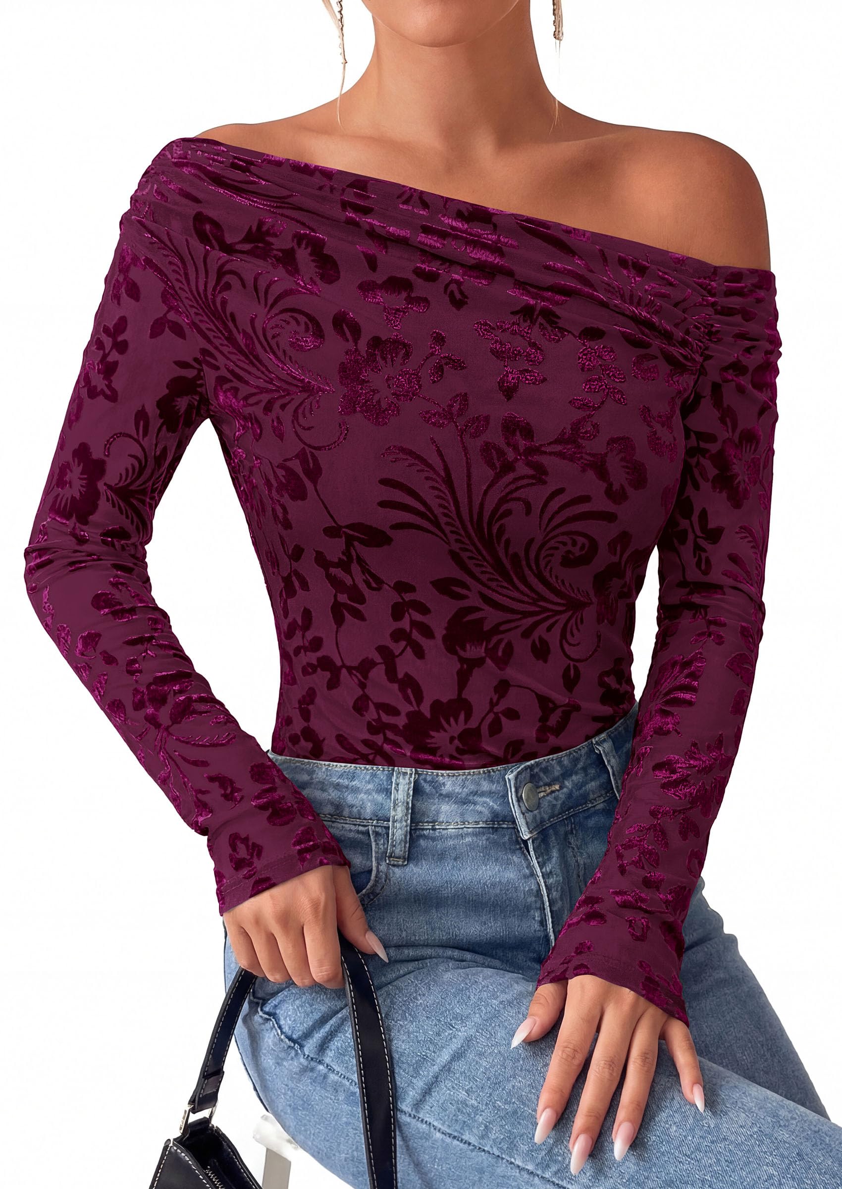 Off the Shoulder Tops for Women Fall Mesh Floral Blouses