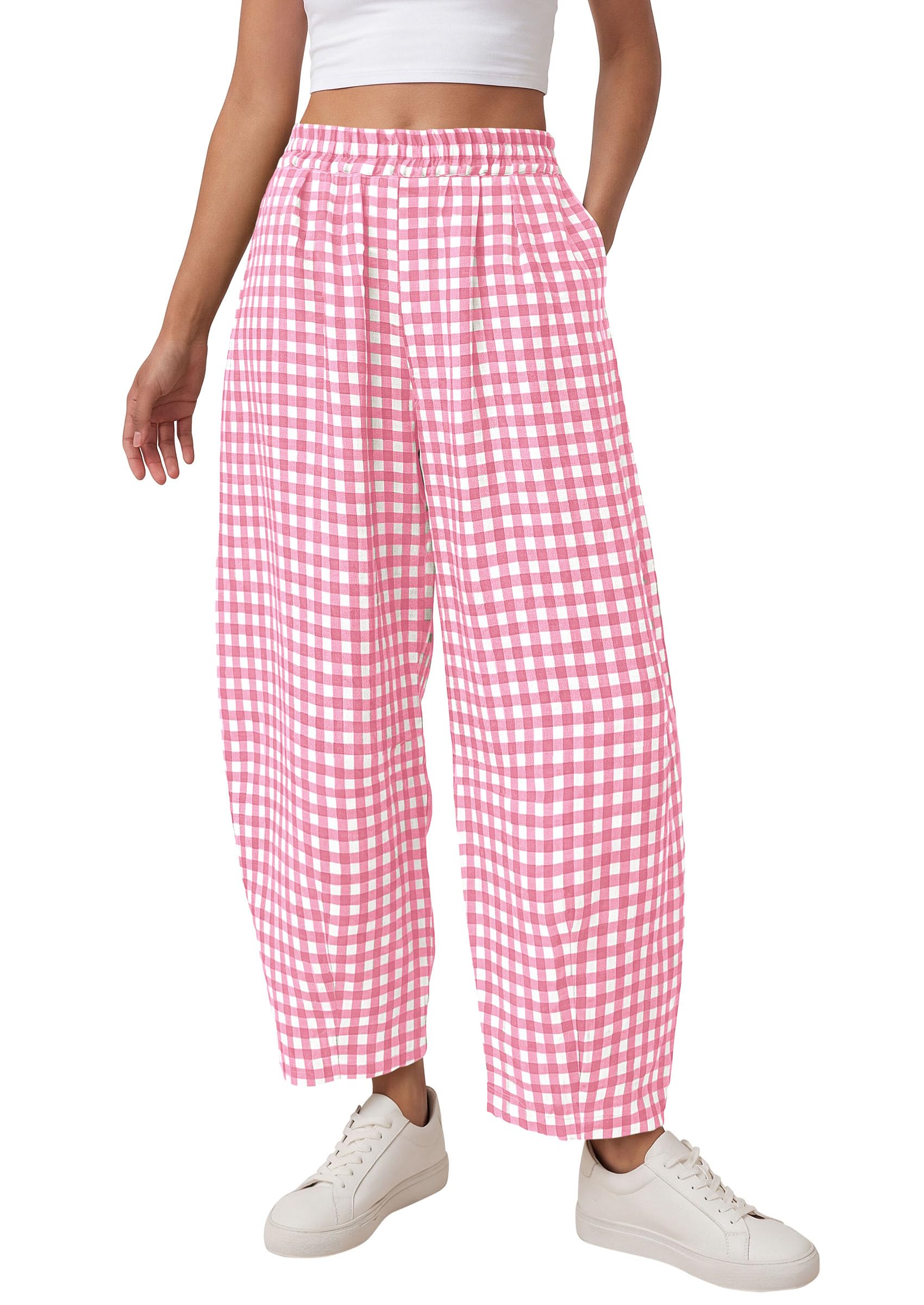 Plaid Barrel Pants Women Summer Bottoms, Pink Plaid,S