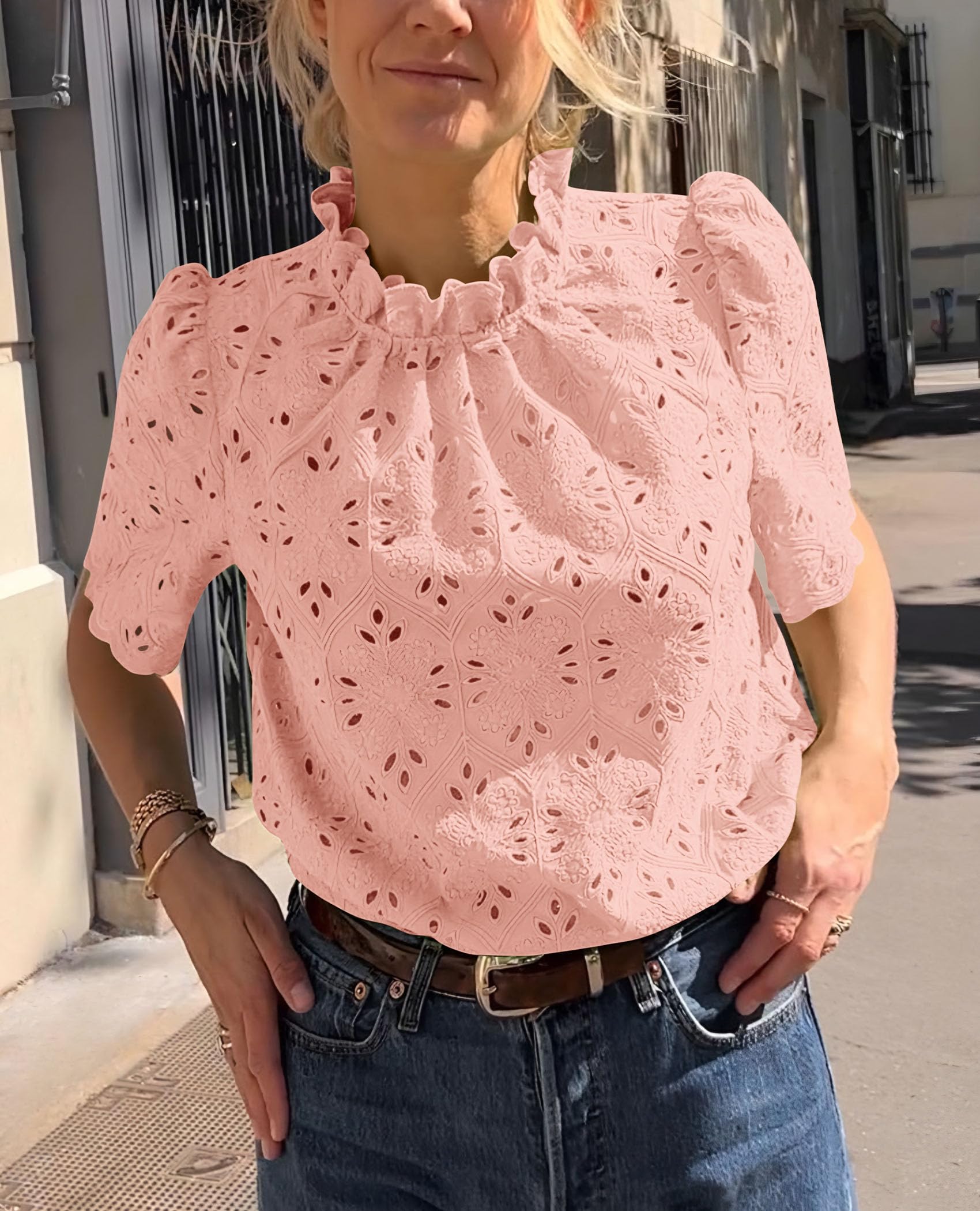 Women Summer Tops Eyelet Embroidered Shirts,Pink,XS