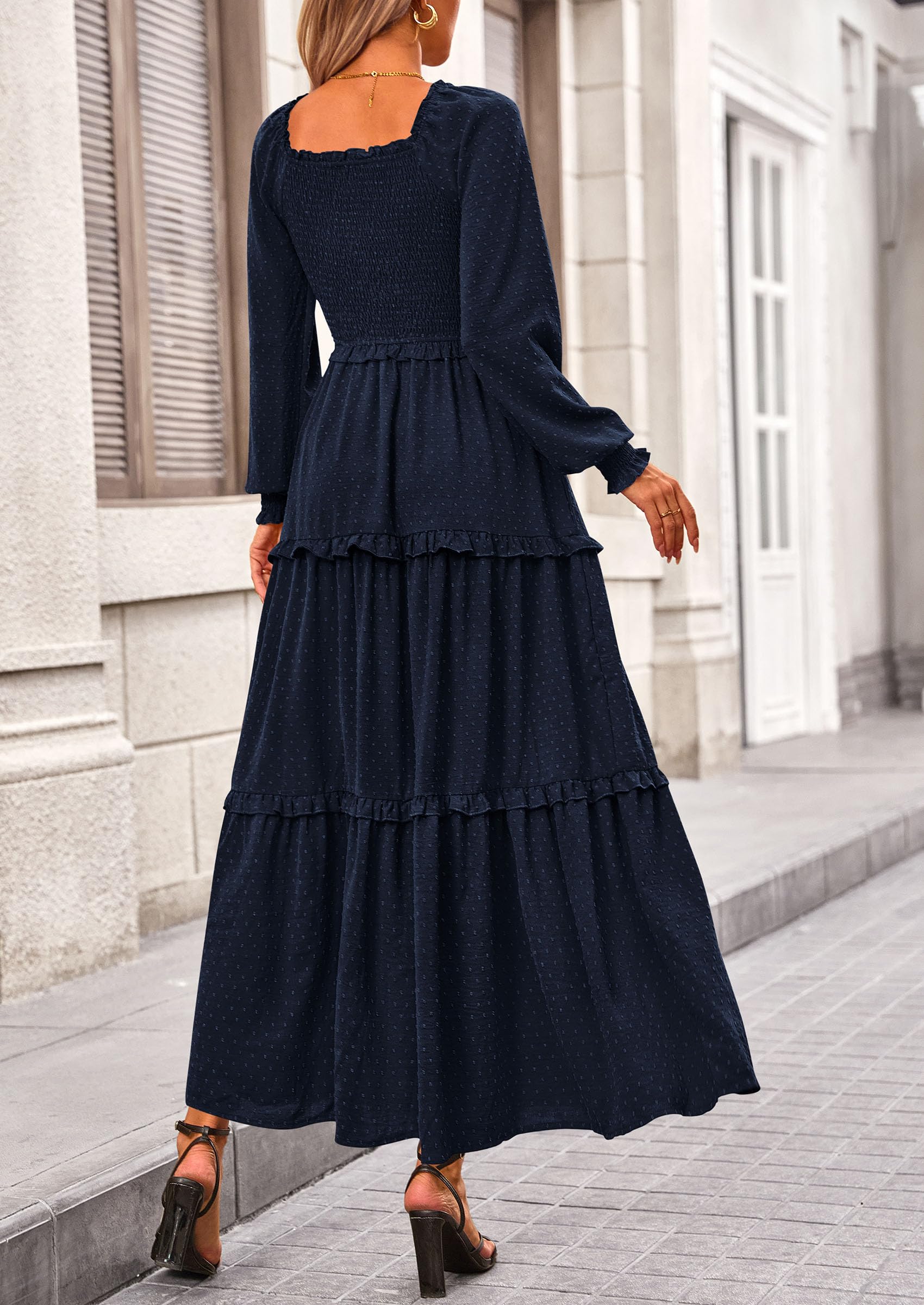 Women's Smocked Long Sleeve Maxi Dress Wedding Guest Dresses
