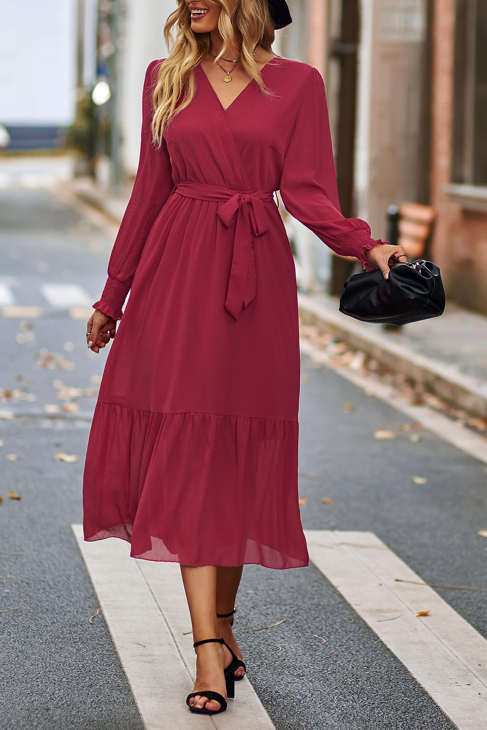 Women's Boho Long Sleeve Maxi Dress, Solid Wine Red,S
