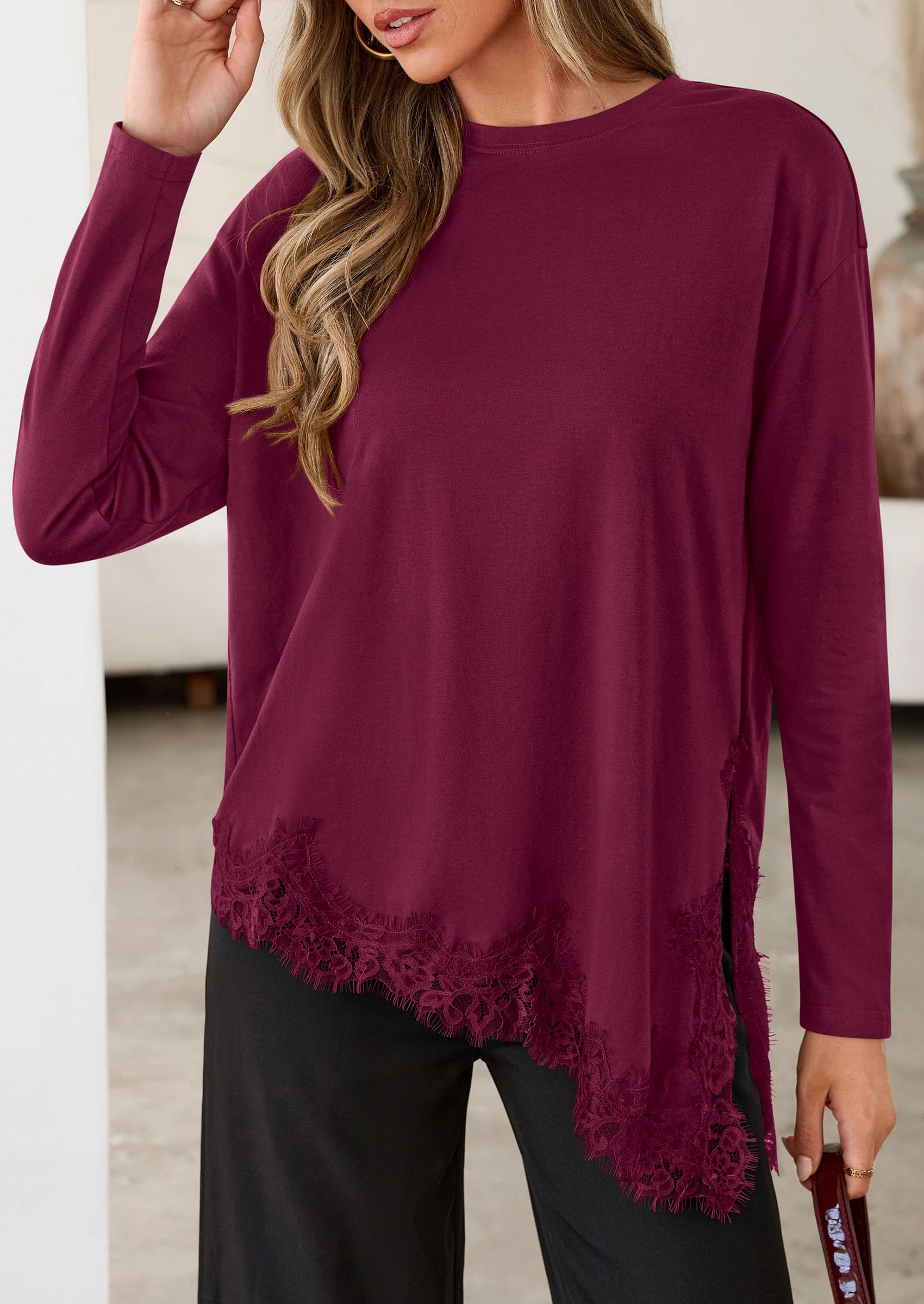 Women's Long Sleeve Asymmetrical Lace Tops Oversized Tshirts