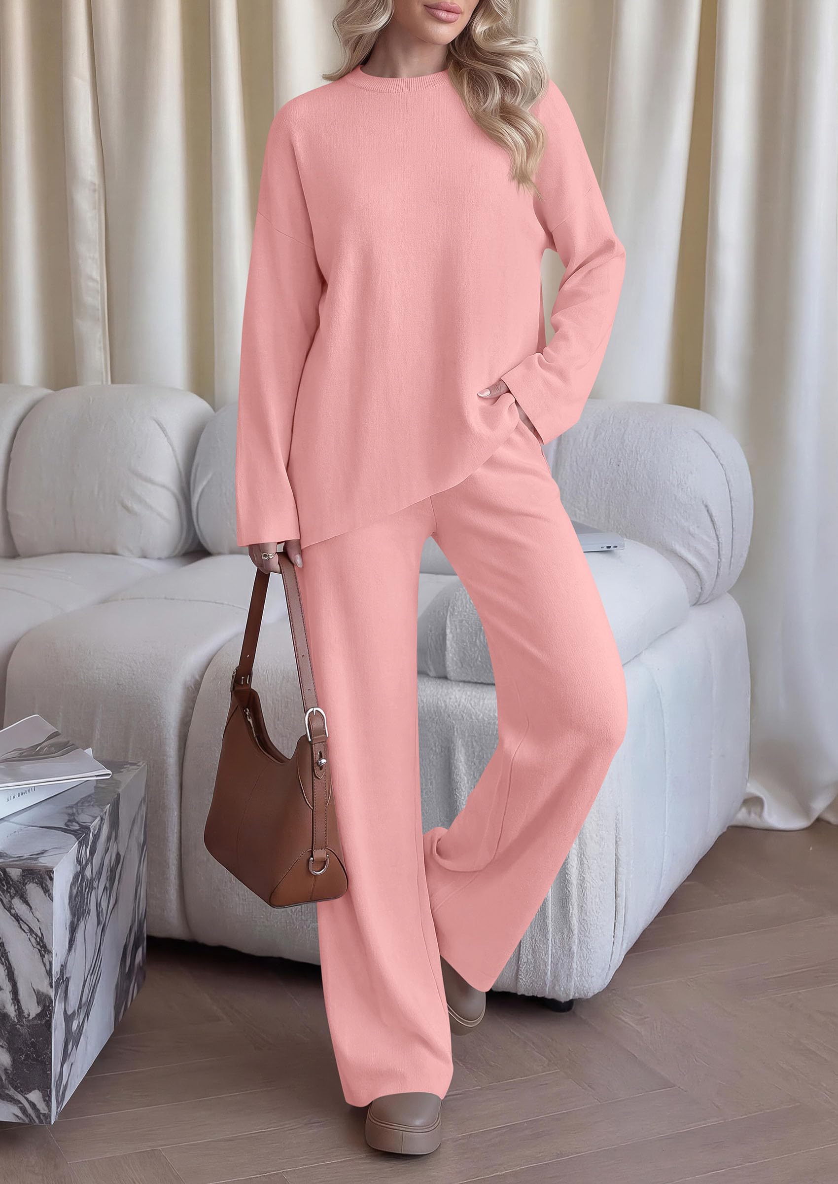 Womens Fall 2 Piece Asymmetric Cozy Sweater Travel Lounge Sets