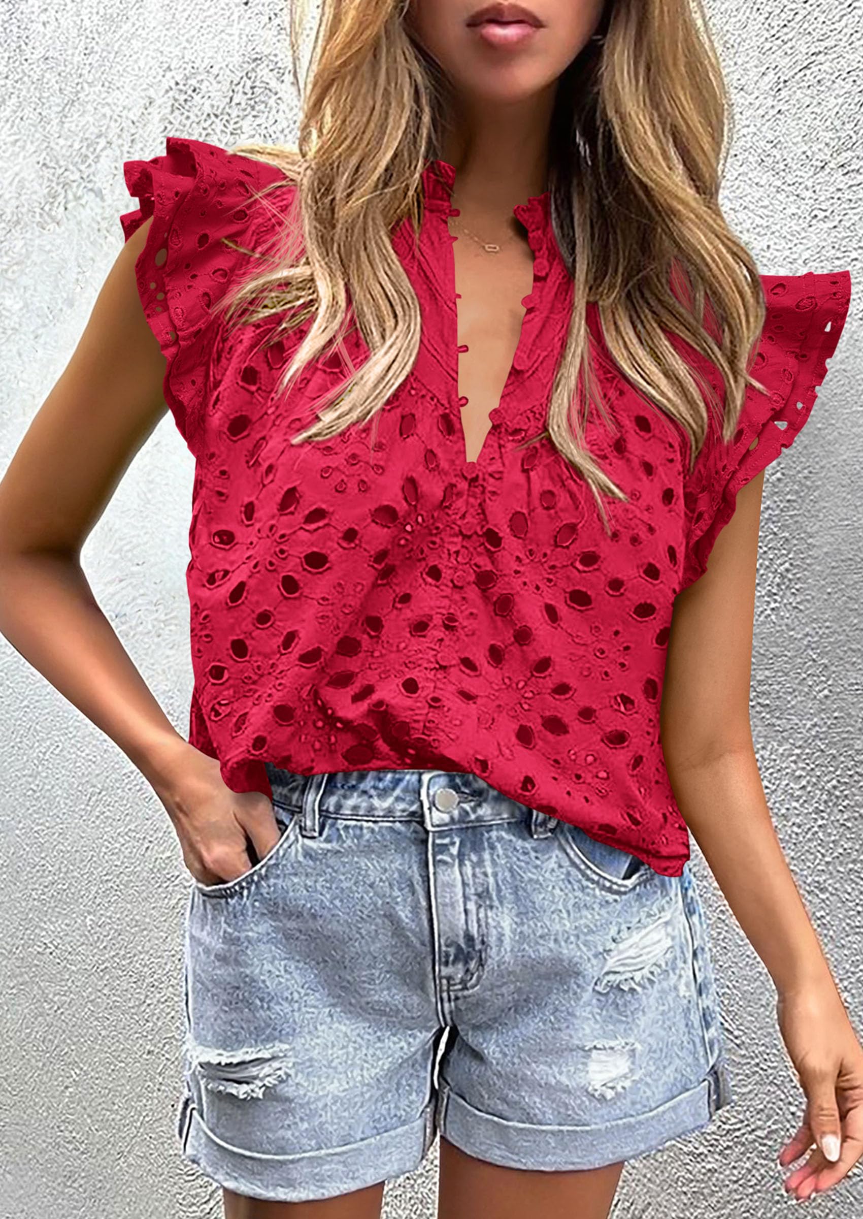 Women's Eyelet V Neck Summer Tops Dressy Casual Red,S