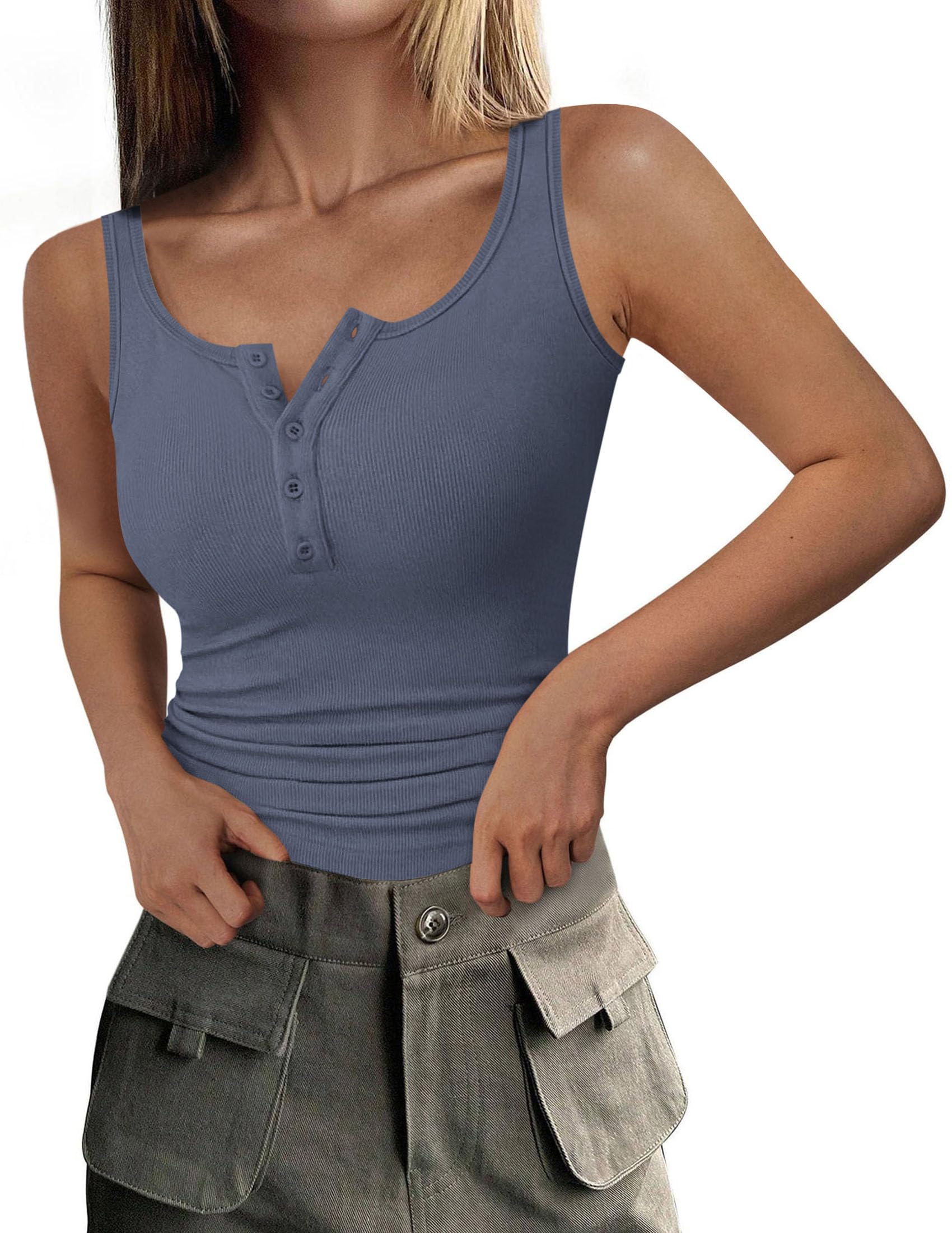 Womens Button Up Sleeveless Henley Tank Tops,Blue Grey,S