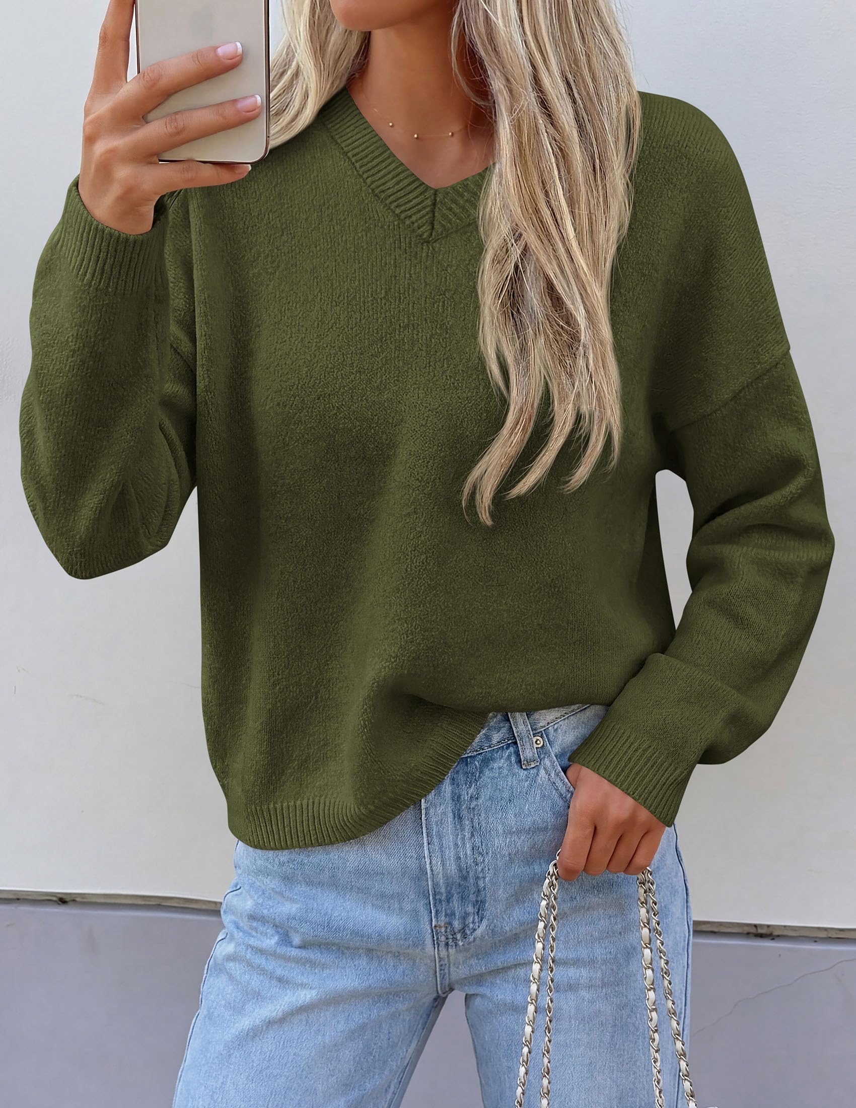 Women's Cozy Sweaters Fall Fashion V Neck Tops Army Green,S