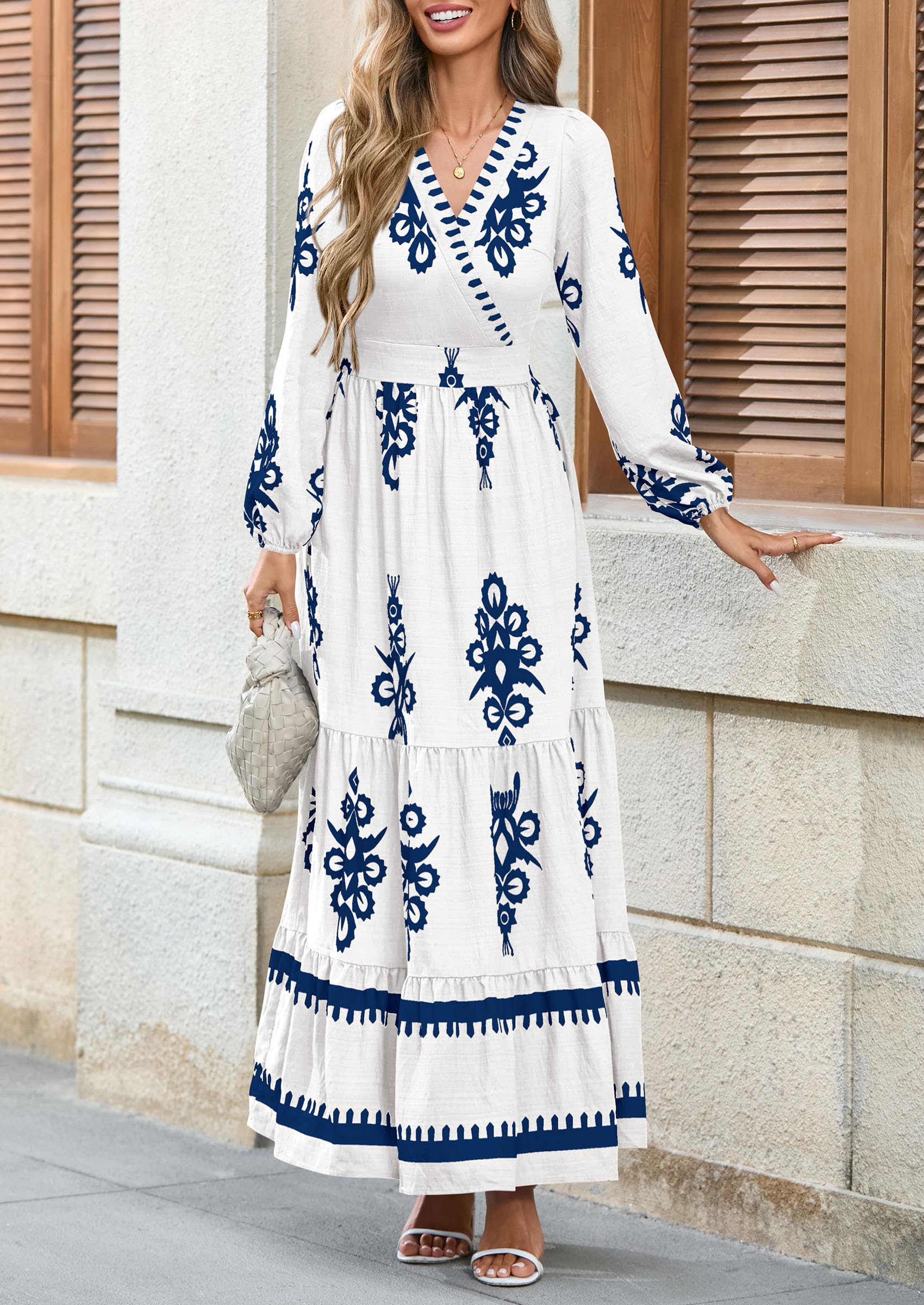 Women's Long Sleeve Floral Boho Maxi Wedding Guest Dress