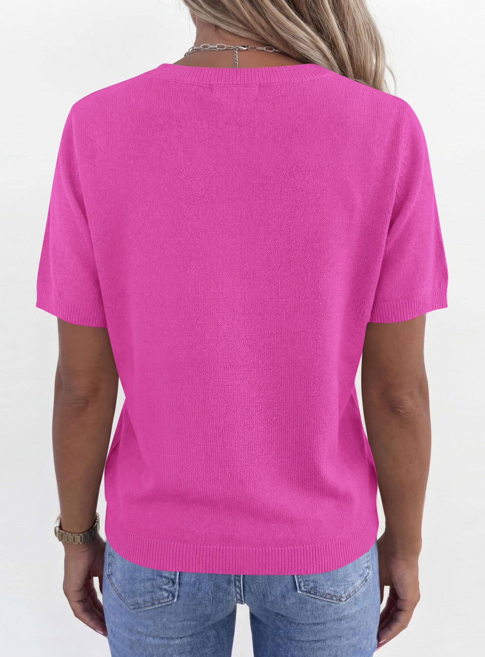 Womens Short Sleeve Sweater V Neck Tops,Rose Red,S