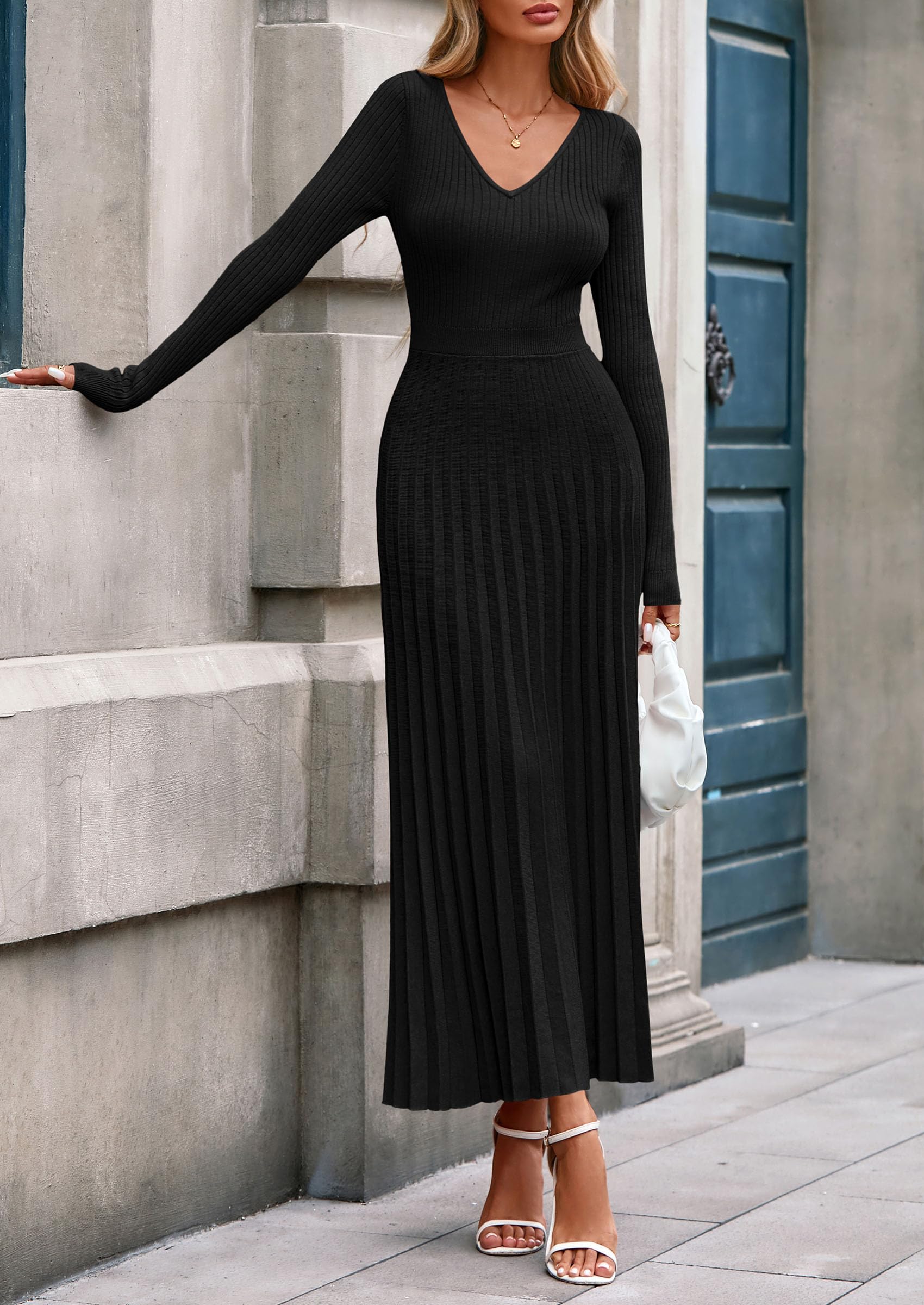 Sweater Dress Women Long Sleeve Maxi Flowy Pleated Dresses
