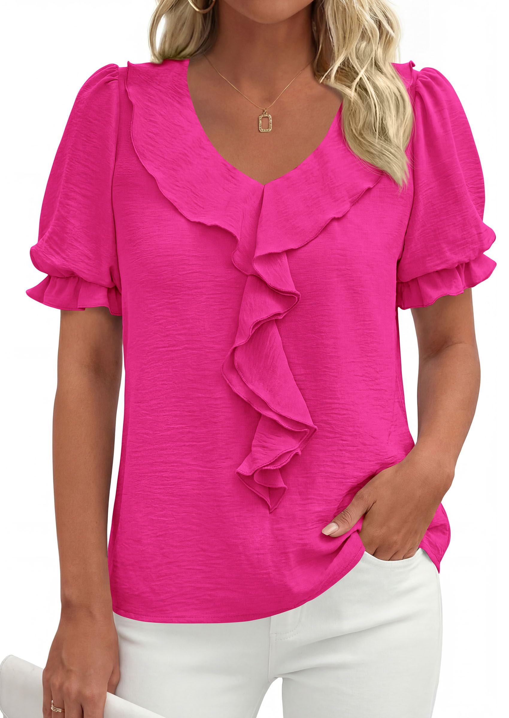 Women's Summer Ruffle Dressy Casual Blouses (Rose Red,S)