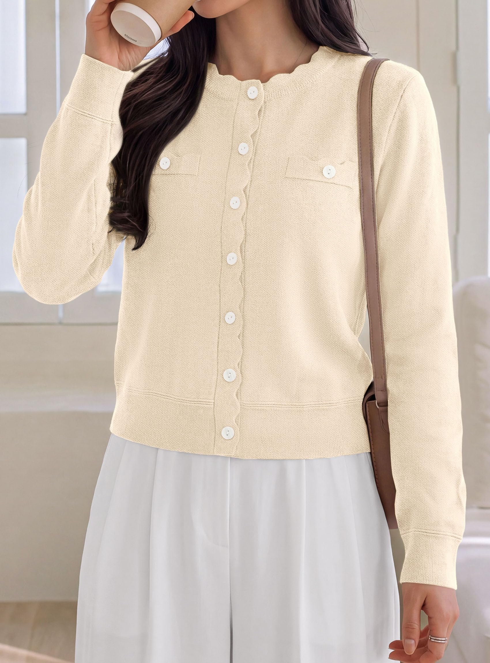 Womens Lightweight Cardigan Sweaters Scalloped Trim Fall Tops