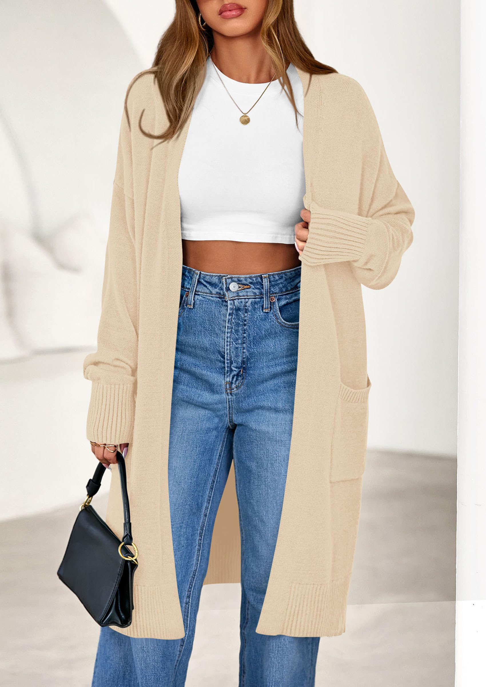 Women's Oversized Open Front Long Knit Cardigan,Apricot,L