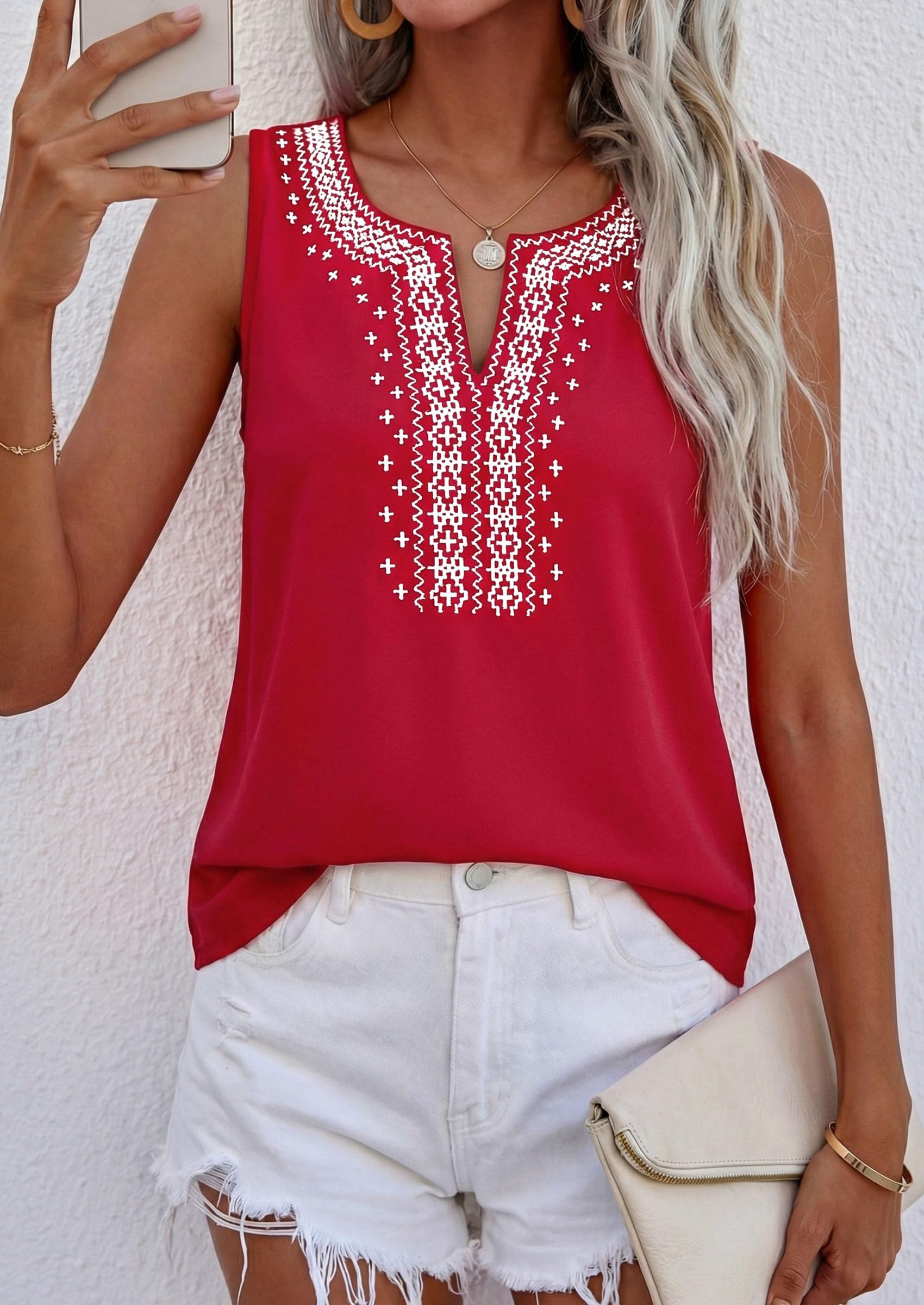 Womens Embroidered Sleeveless Tank Tops Red,S