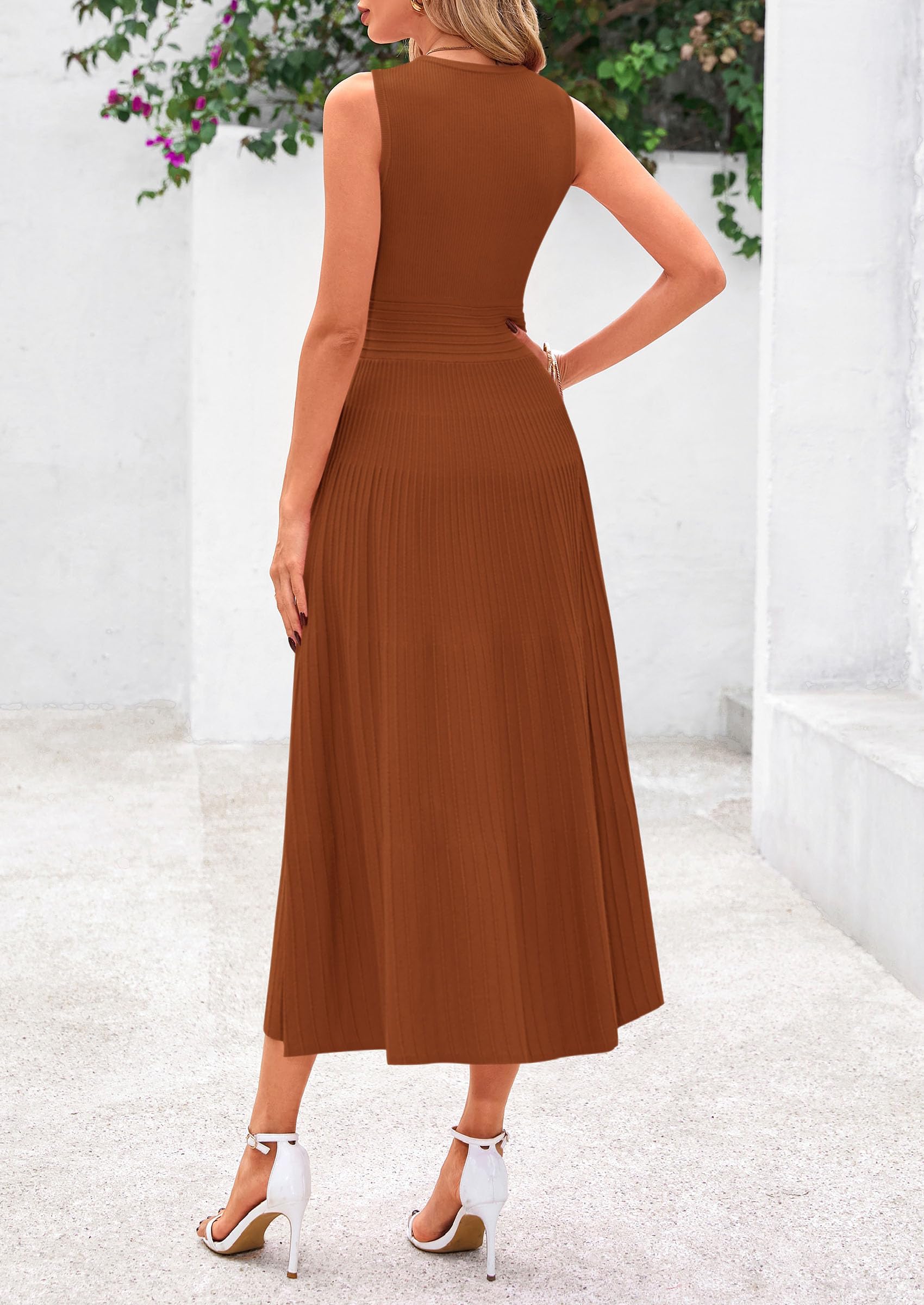 Women's Summer Pleated Midi Work Dress,Caramel,S