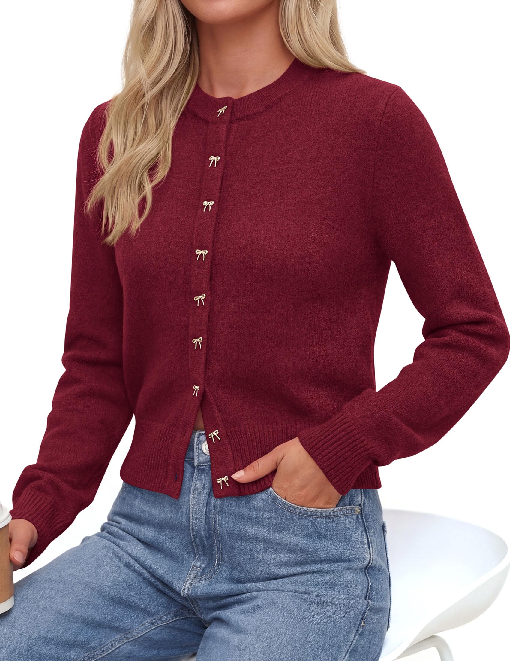 Cardigan Sweaters for Women Cropped Bow Button Up Cardigan